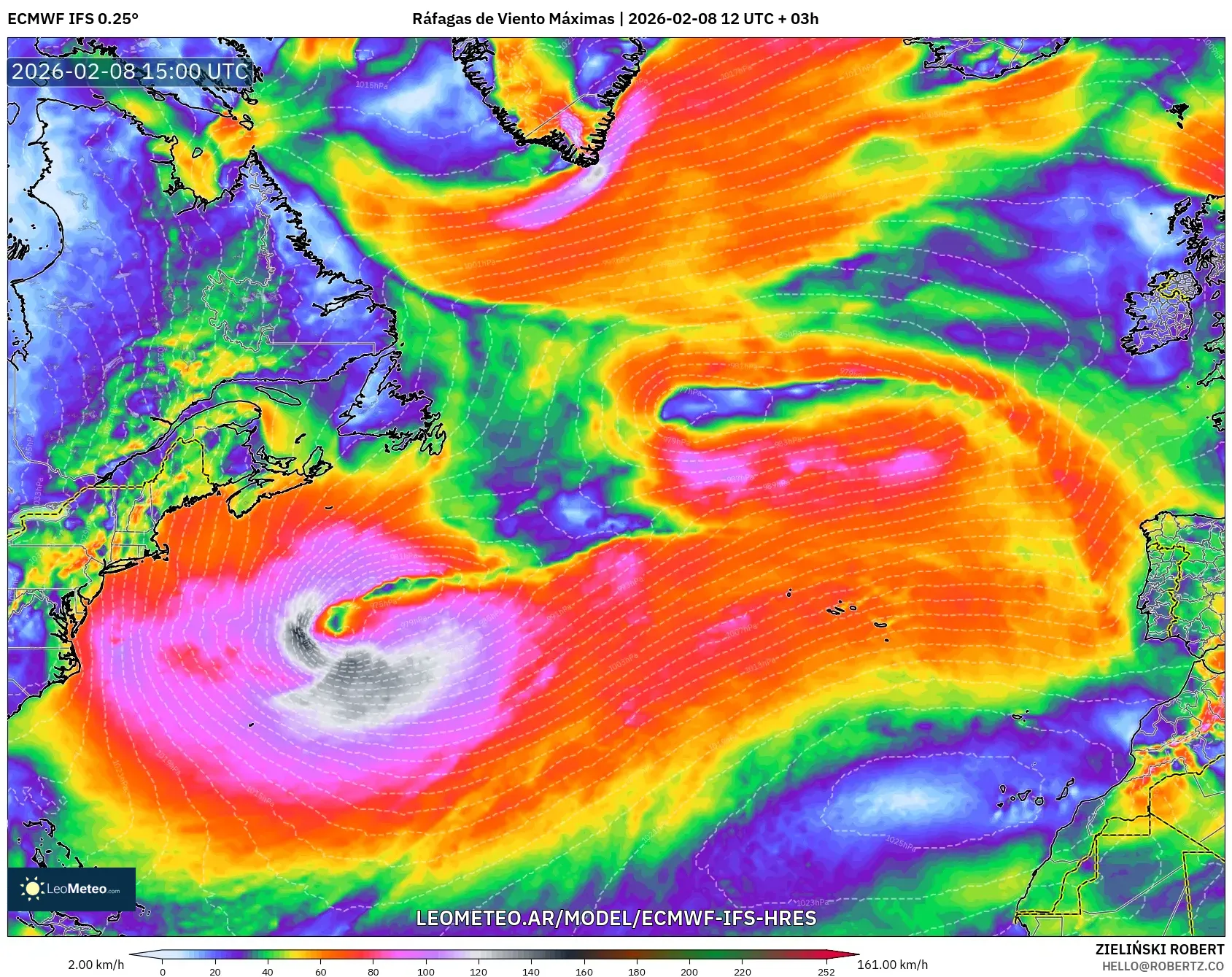 ECMWF IFS 0.25° model - Norte Atlántico, Ráfagas de Viento Máximas