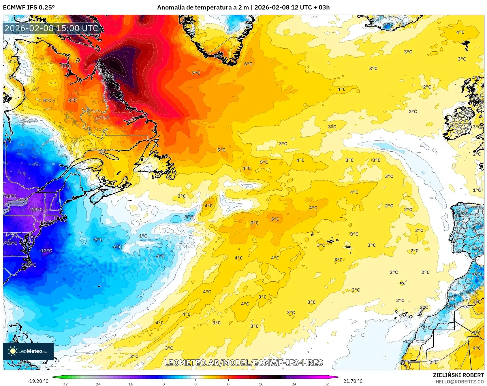 ECMWF IFS 0.25° model - Norte Atlántico, Anomalía de temperatura a 2 m