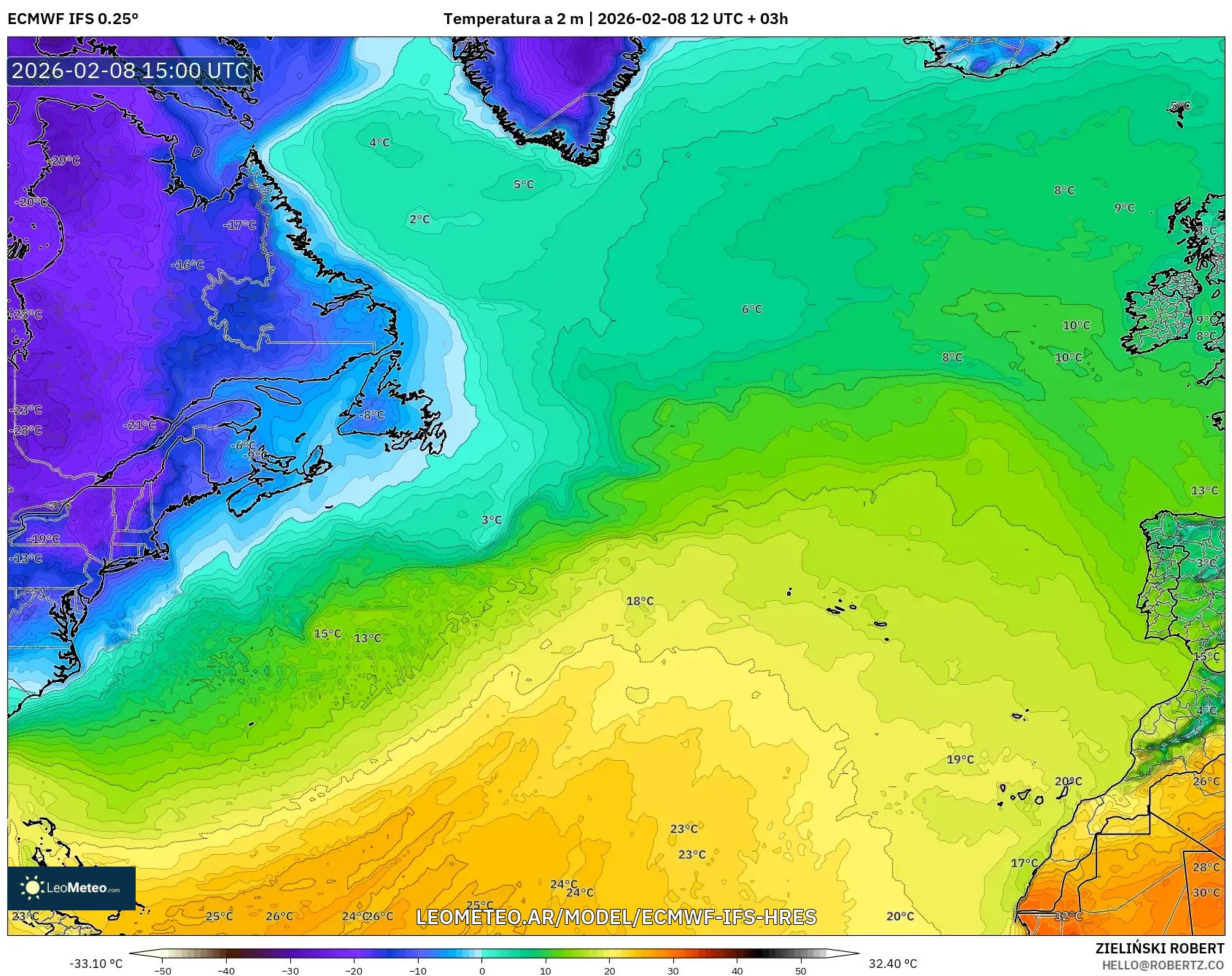 ECMWF IFS 0.25° model - Norte Atlántico, Temperatura a 2 m