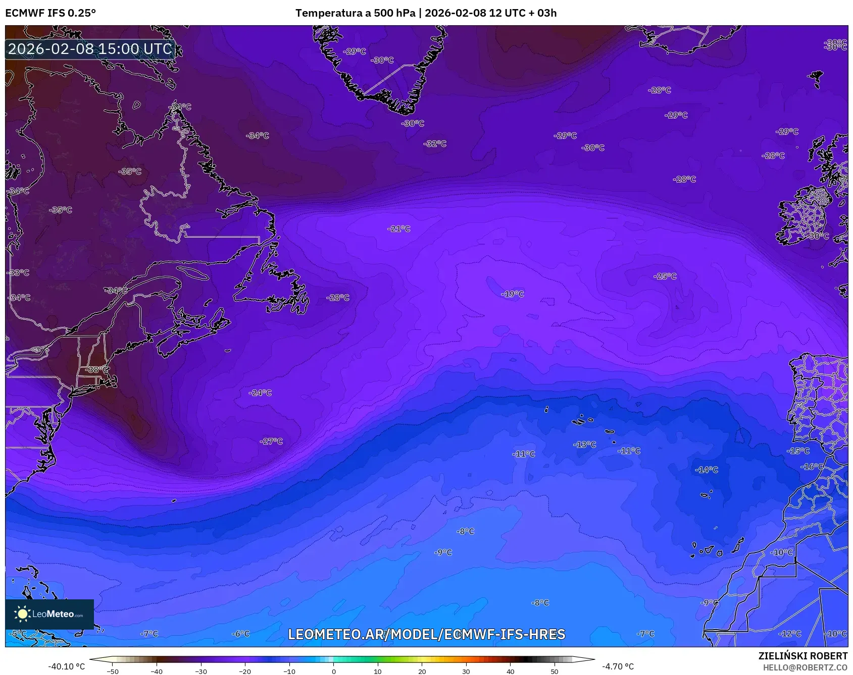 ECMWF IFS 0.25° model - Norte Atlántico, Temperatura a 500 hPa