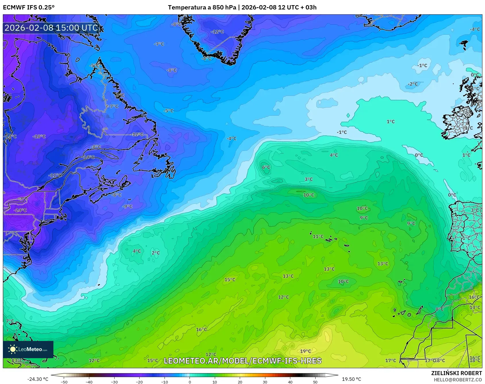 ECMWF IFS 0.25° model - Norte Atlántico, Temperatura a 850 hPa