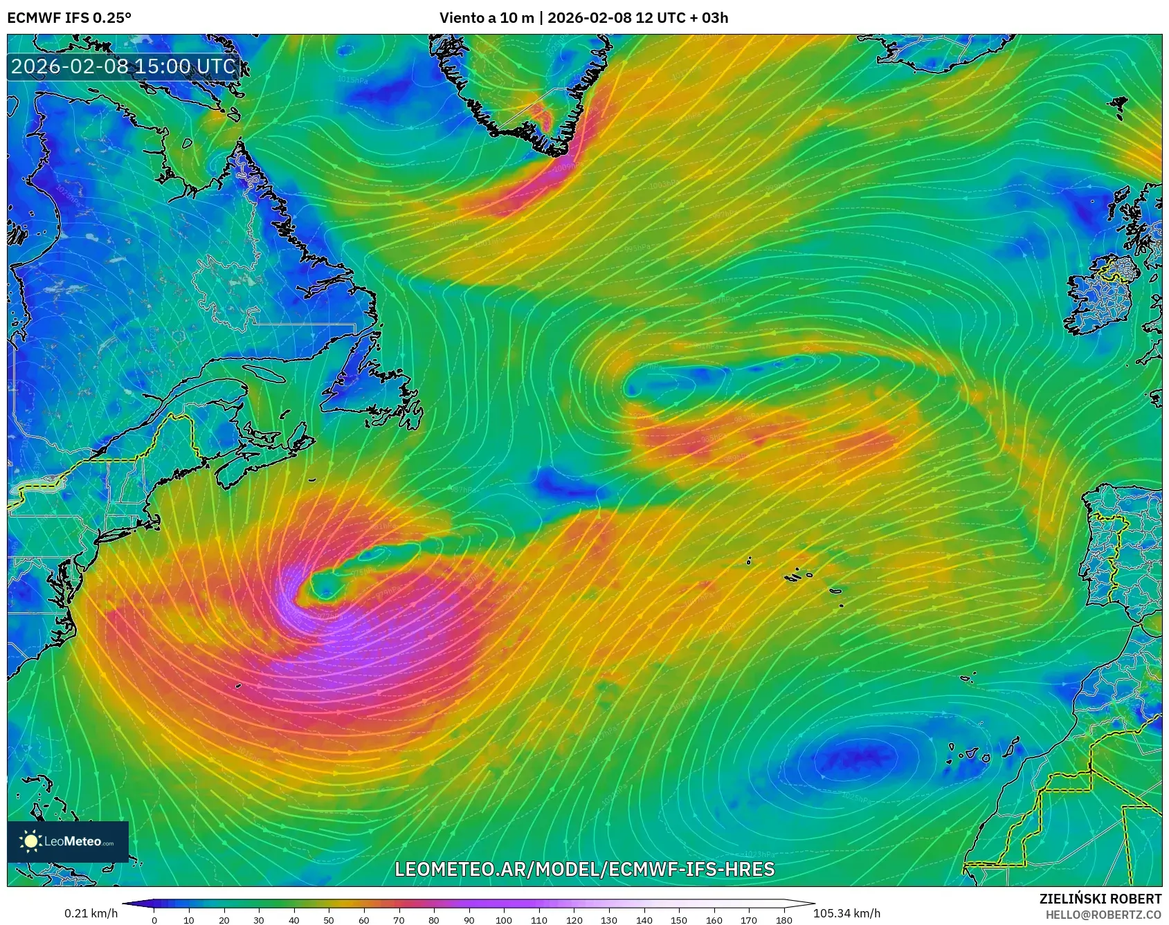 ECMWF IFS 0.25° model - Norte Atlántico, Viento a 10 m