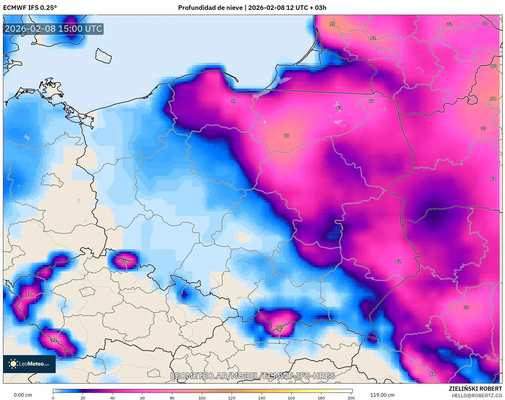 ECMWF IFS 0.25° model - Polonia, Profundidad de nieve