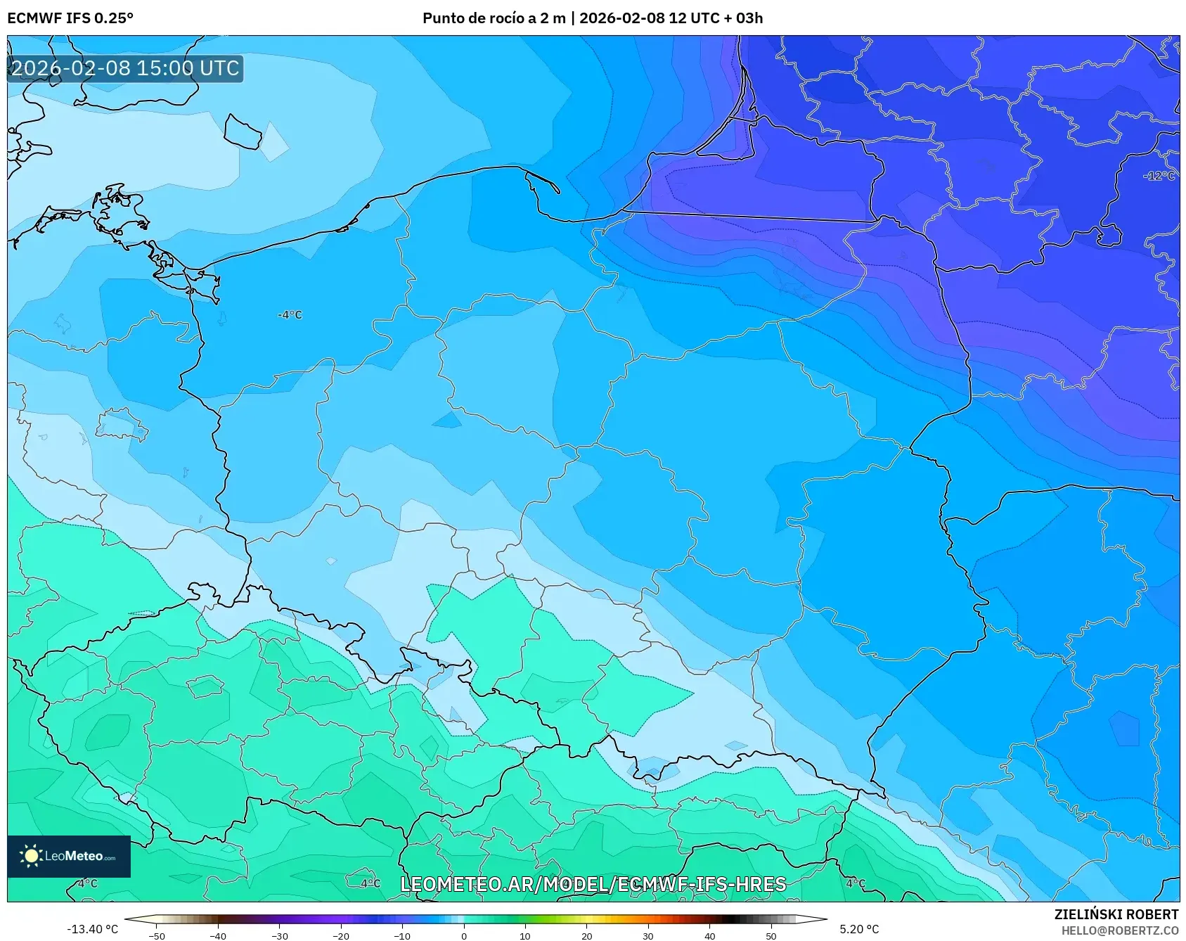 ECMWF IFS 0.25° model - Polonia, Punto de rocío a 2 m