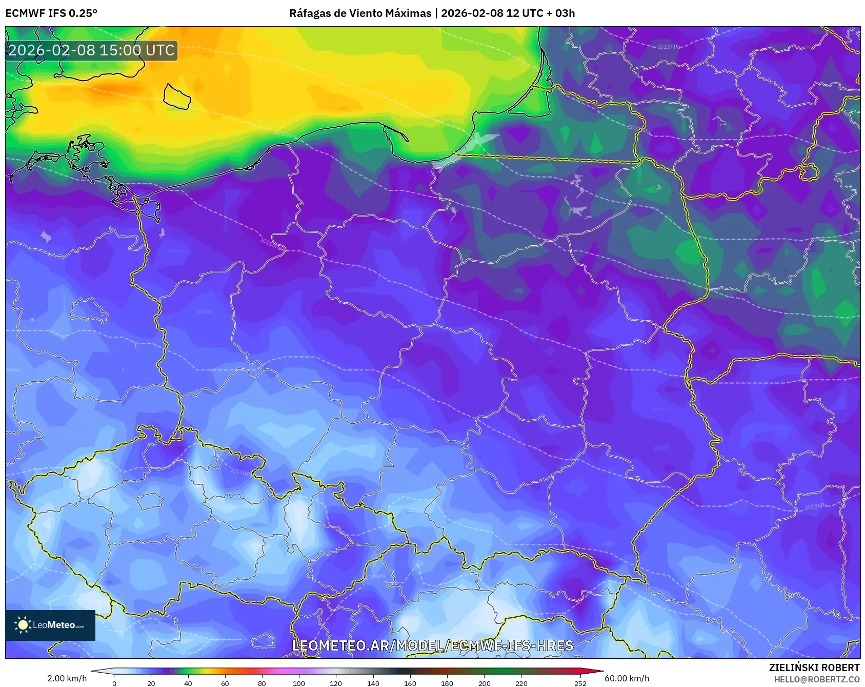 ECMWF IFS 0.25° model - Polonia, Ráfagas de Viento Máximas