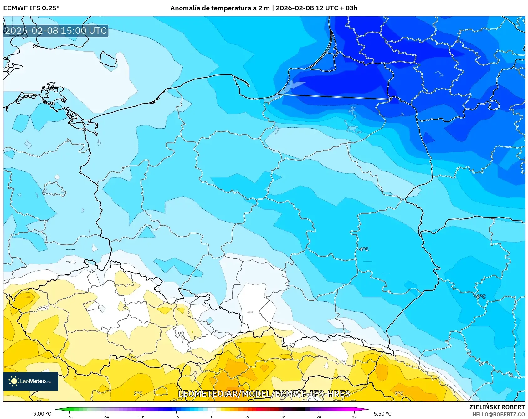 ECMWF IFS 0.25° model - Polonia, Anomalía de temperatura a 2 m