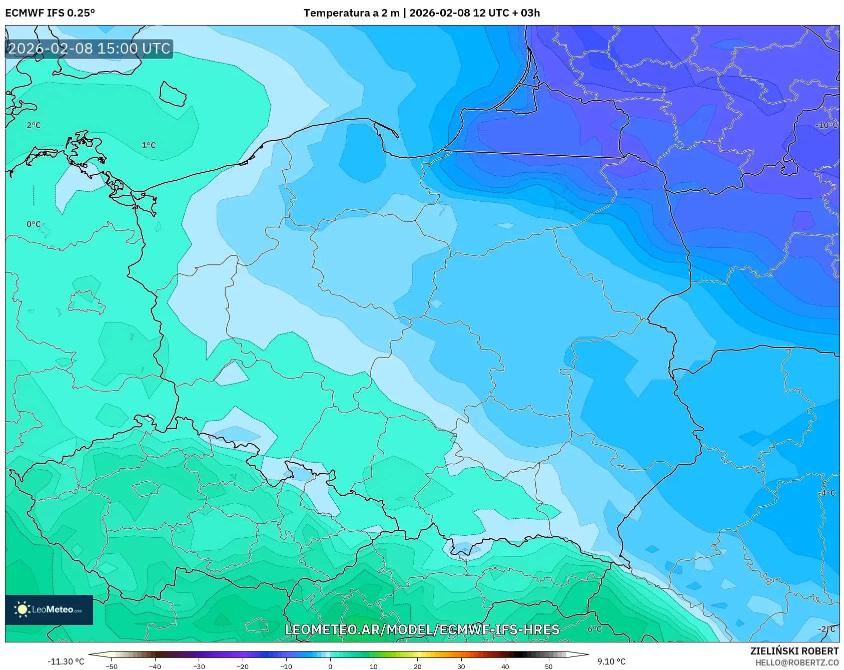 ECMWF IFS 0.25° model - Polonia, Temperatura a 2 m