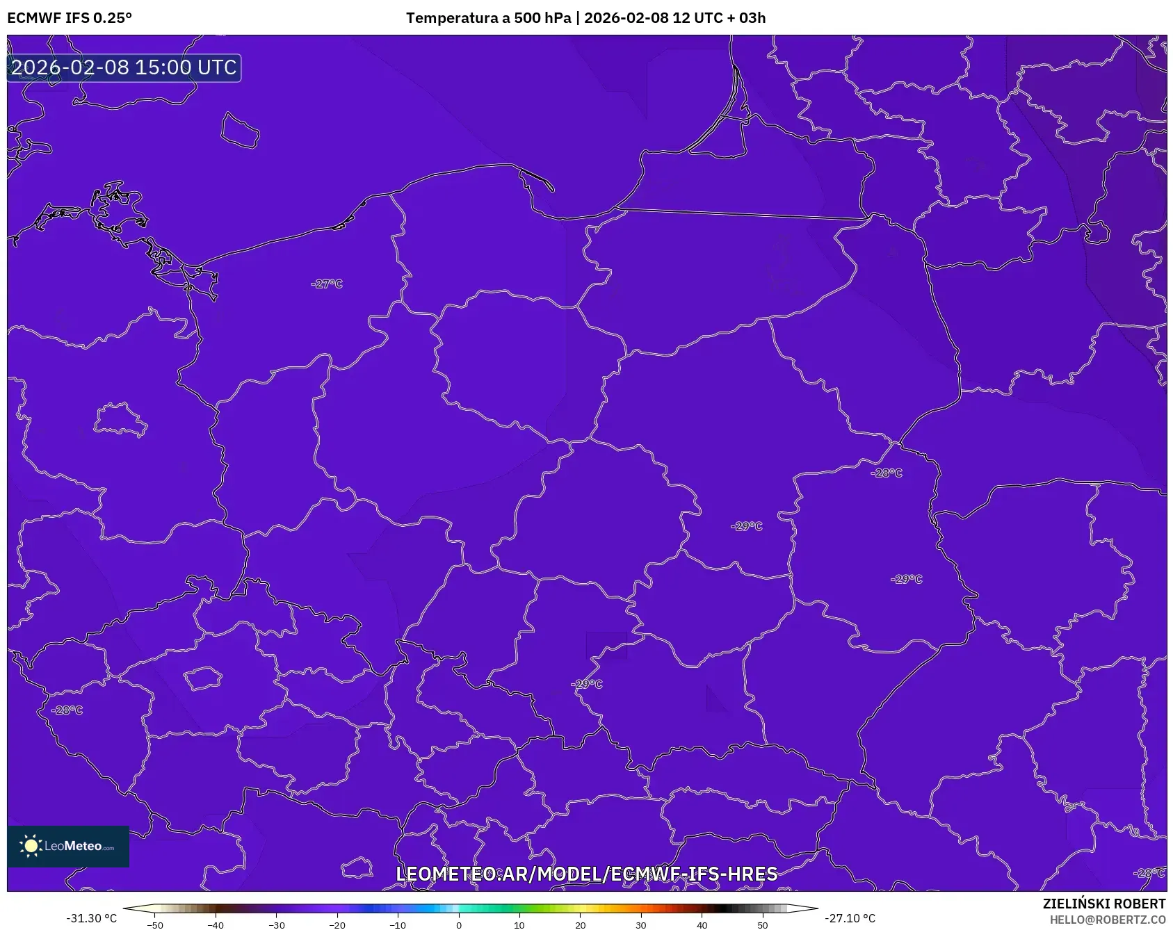 ECMWF IFS 0.25° model - Polonia, Temperatura a 500 hPa
