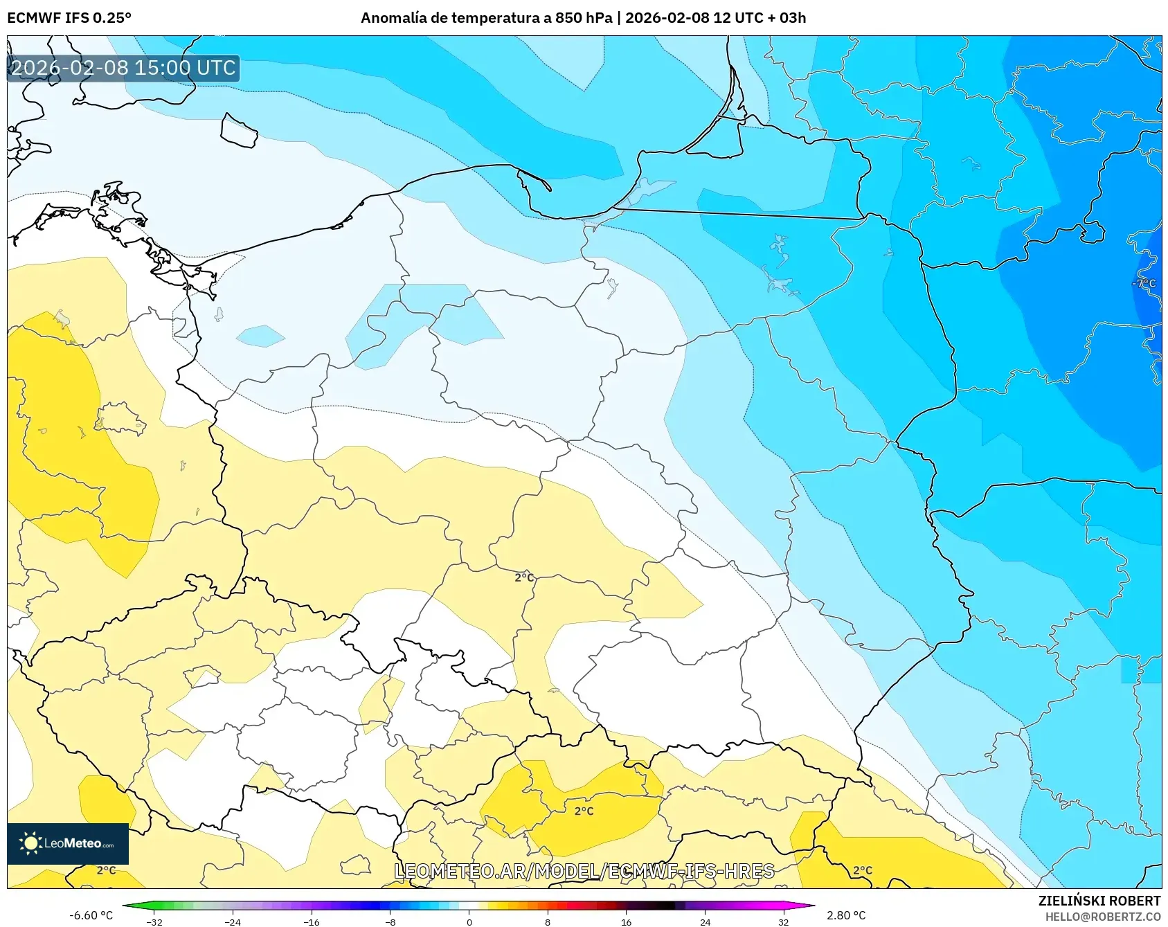 ECMWF IFS 0.25° model - Polonia, Anomalía de temperatura a 850 hPa