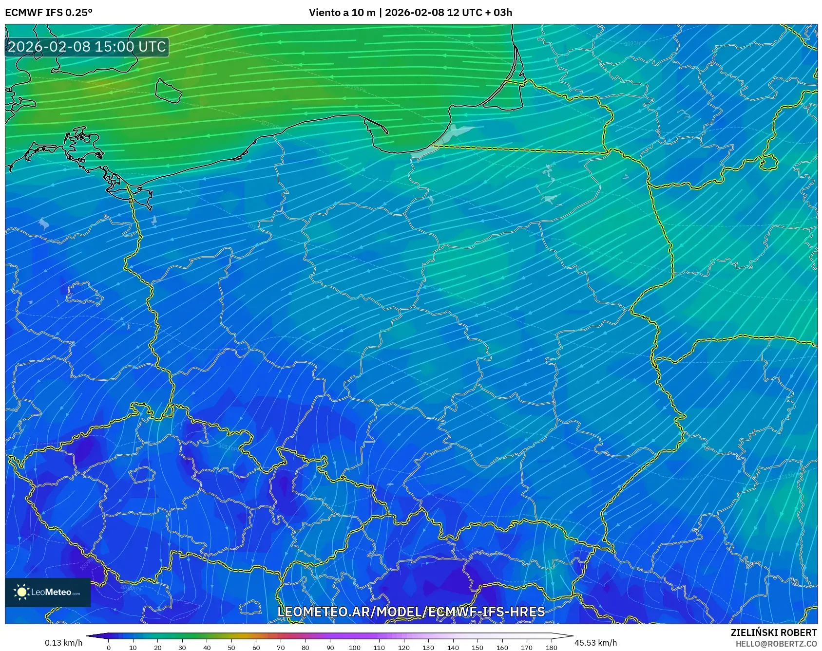 ECMWF IFS 0.25° model - Polonia, Viento a 10 m