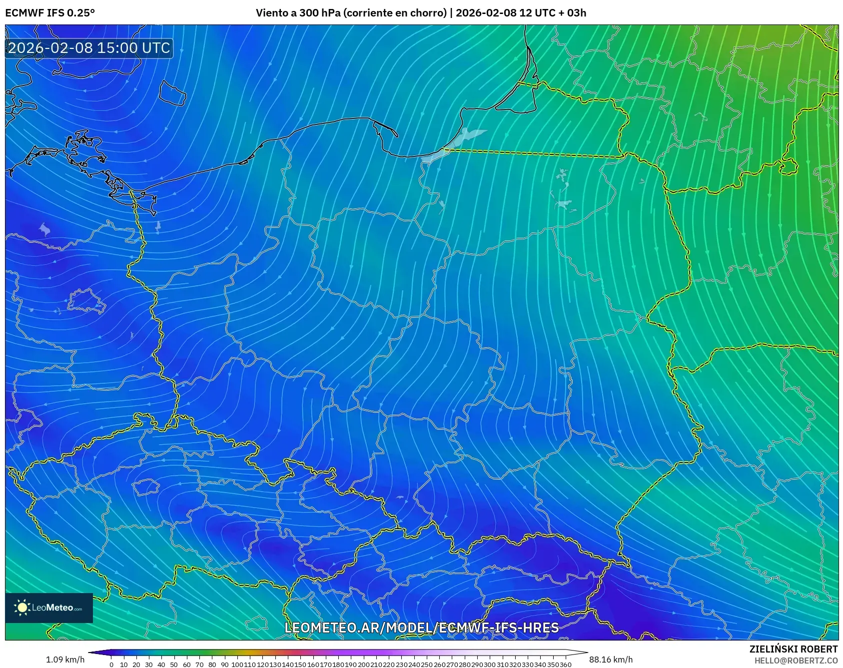 ECMWF IFS 0.25° model - Polonia, Viento a 300 hPa (corriente en chorro)