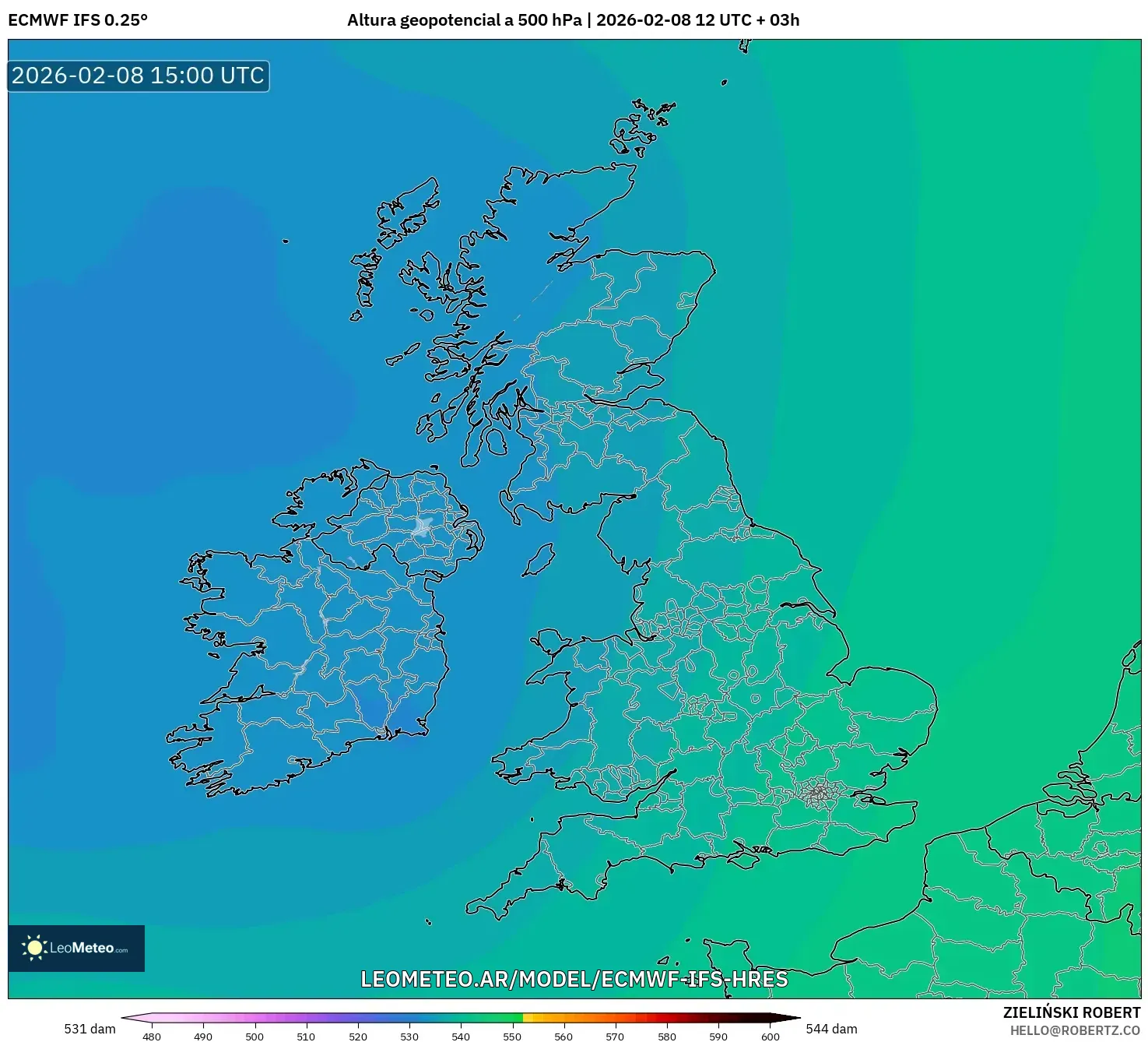 ECMWF IFS 0.25° model - Reino Unido, Altura geopotencial a 500 hPa