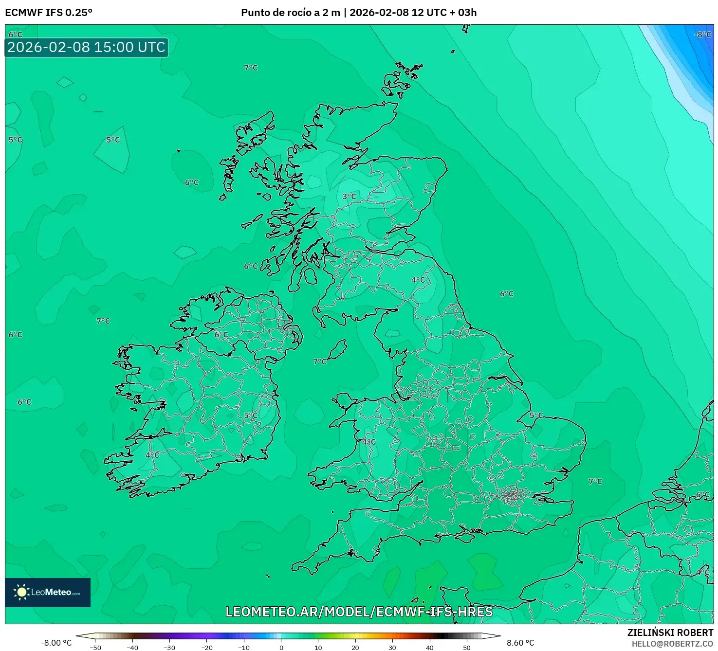 ECMWF IFS 0.25° model - Reino Unido, Punto de rocío a 2 m