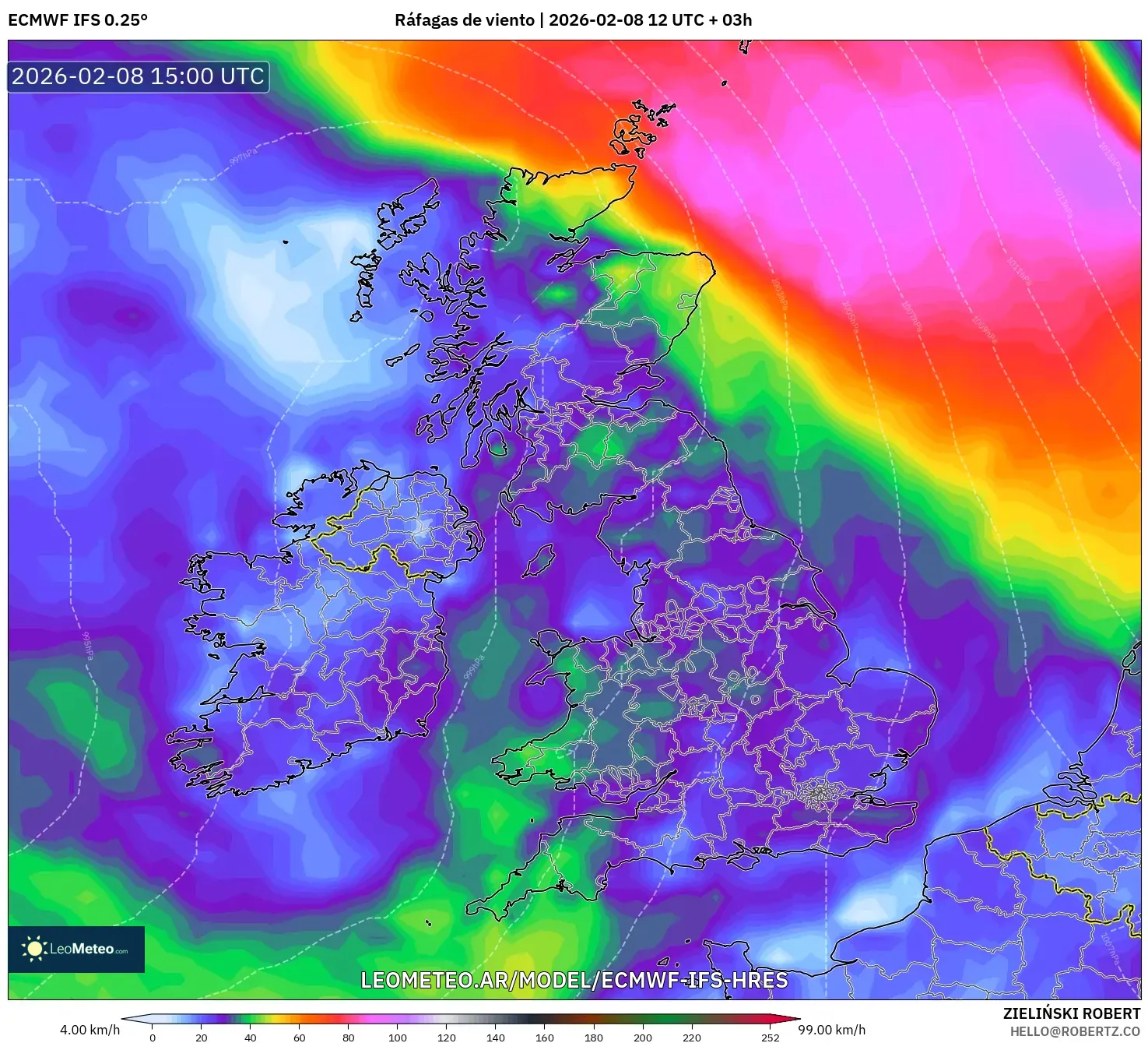 ECMWF IFS 0.25° model - Reino Unido, Ráfagas de viento