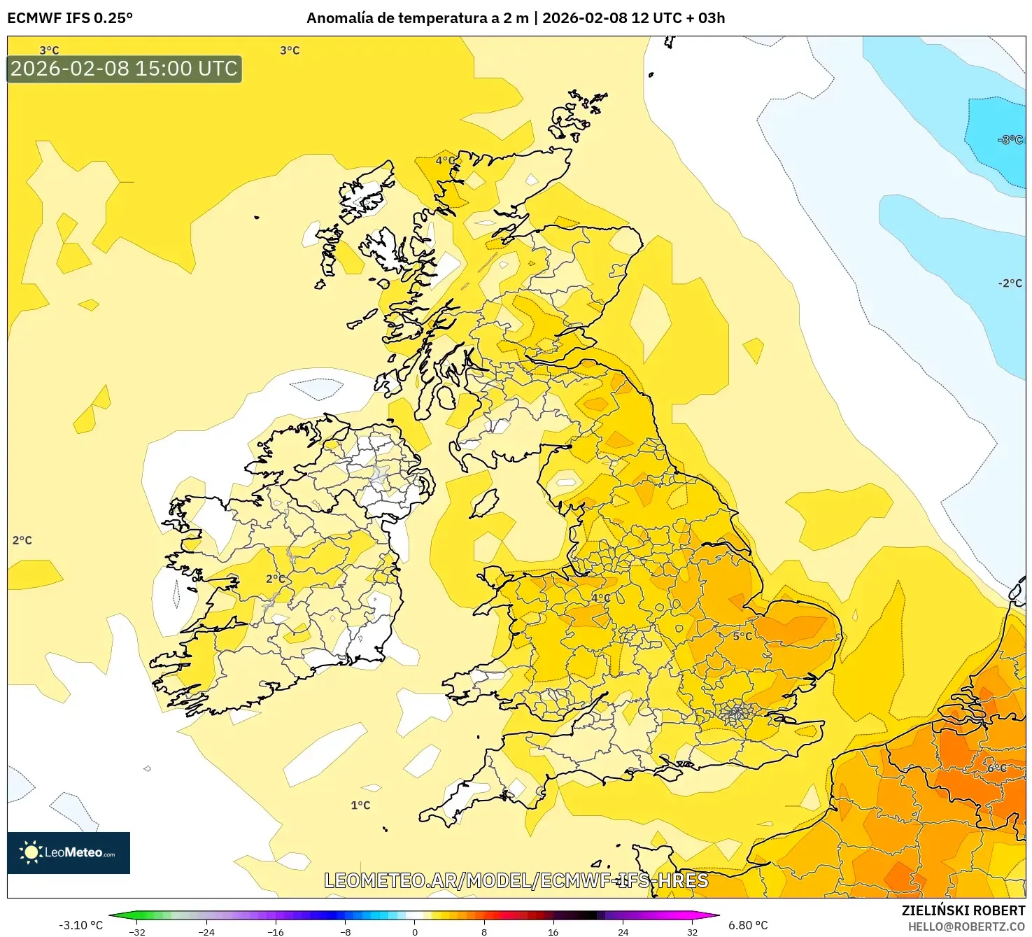 ECMWF IFS 0.25° model - Reino Unido, Anomalía de temperatura a 2 m