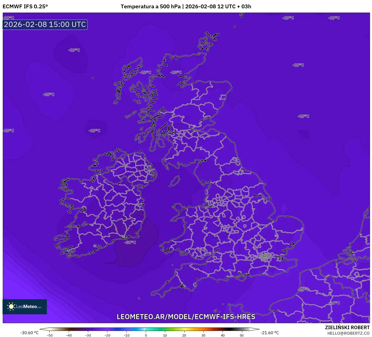 ECMWF IFS 0.25° model - Reino Unido, Temperatura a 500 hPa