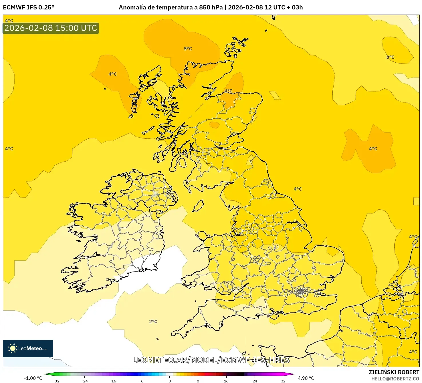 ECMWF IFS 0.25° model - Reino Unido, Anomalía de temperatura a 850 hPa