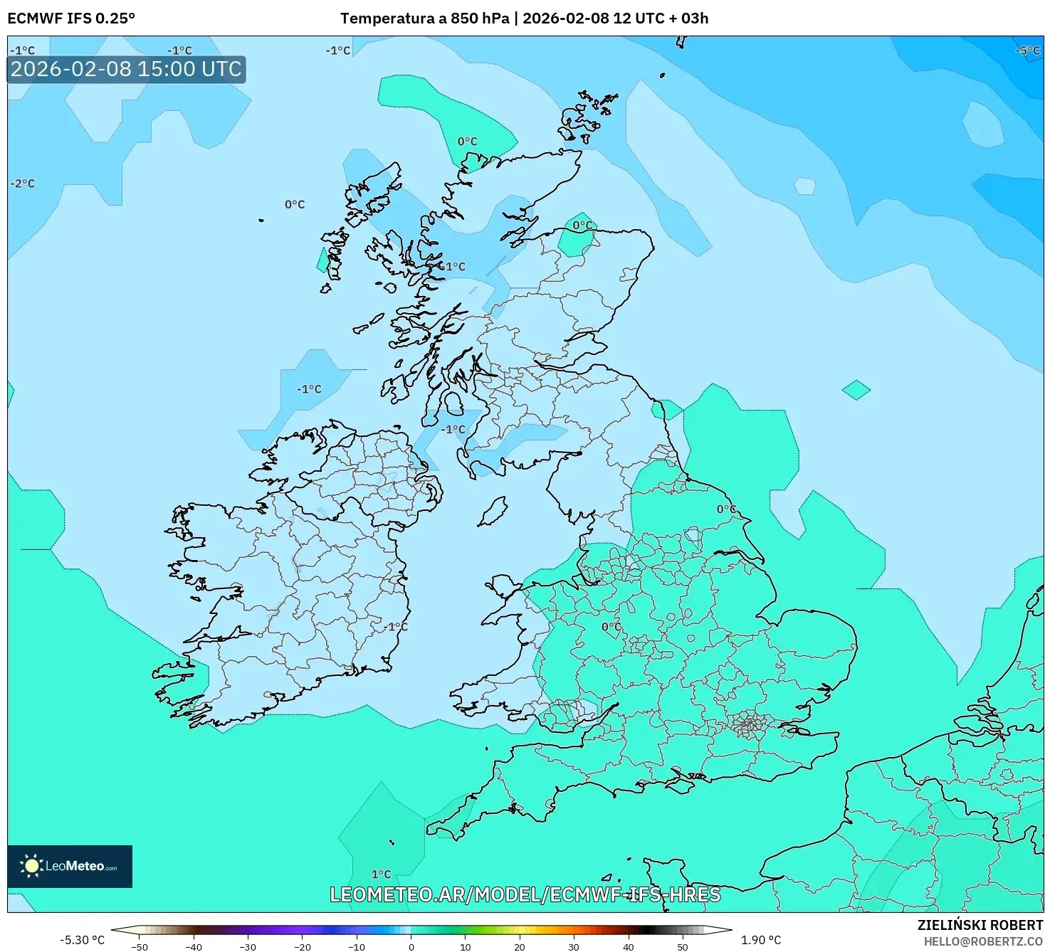 ECMWF IFS 0.25° model - Reino Unido, Temperatura a 850 hPa