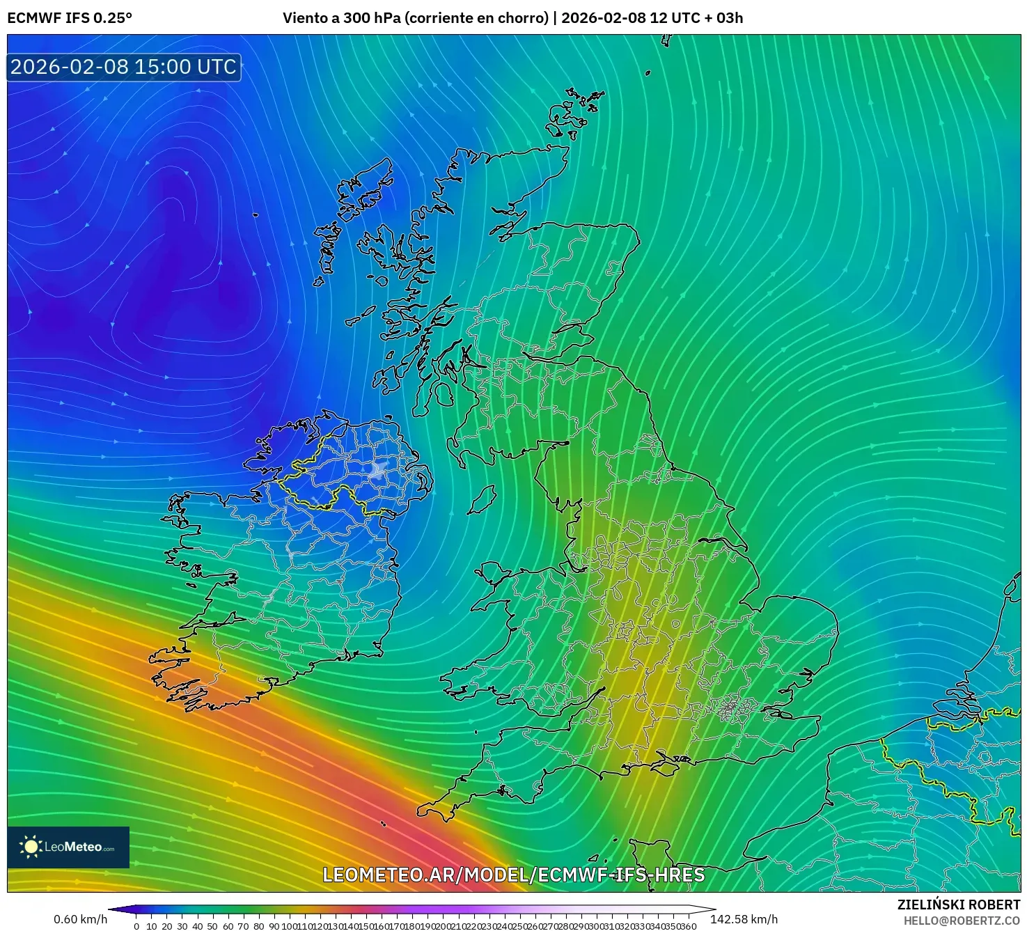ECMWF IFS 0.25° model - Reino Unido, Viento a 300 hPa (corriente en chorro)