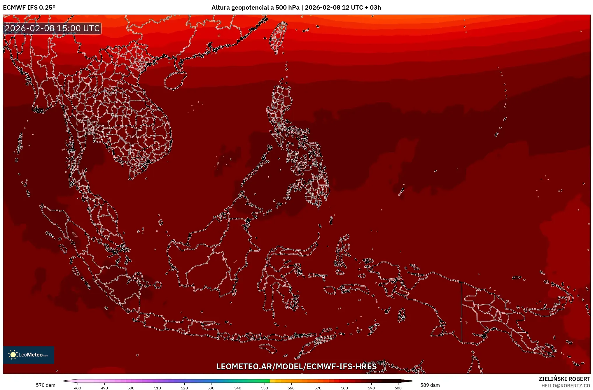 ECMWF IFS 0.25° model - Sudeste Asiático, Altura geopotencial a 500 hPa