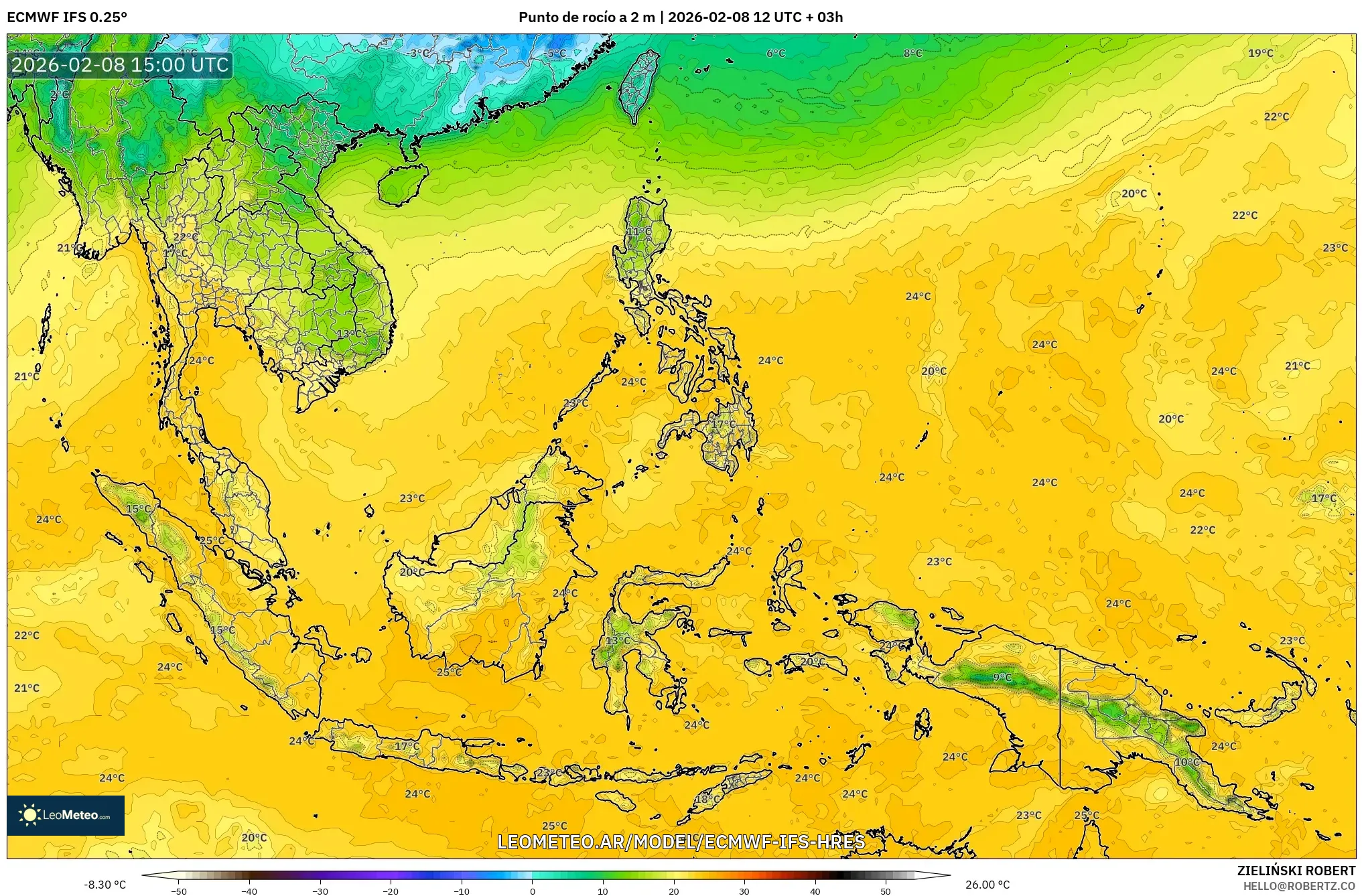 ECMWF IFS 0.25° model - Sudeste Asiático, Punto de rocío a 2 m