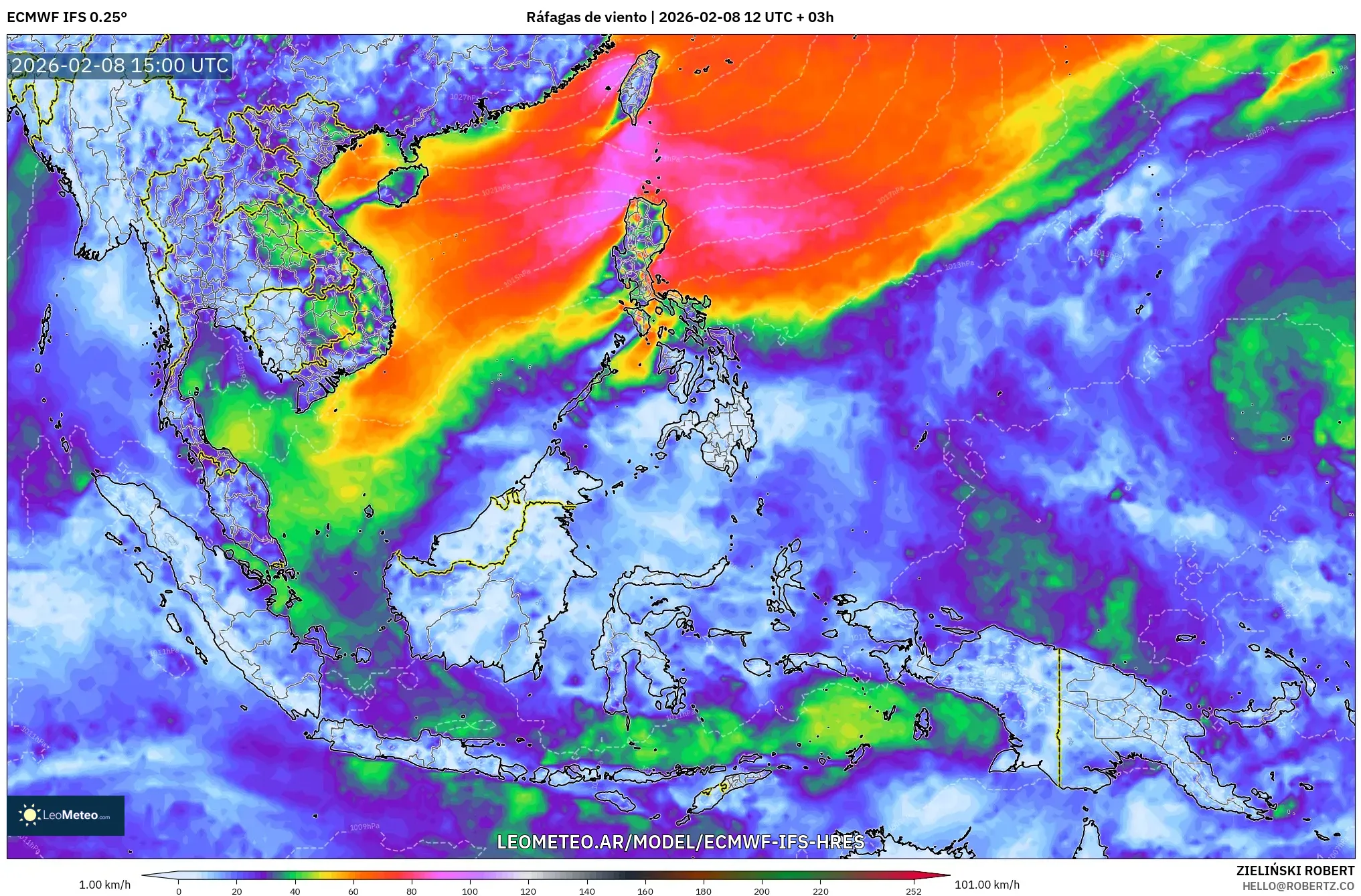 ECMWF IFS 0.25° model - Sudeste Asiático, Ráfagas de viento