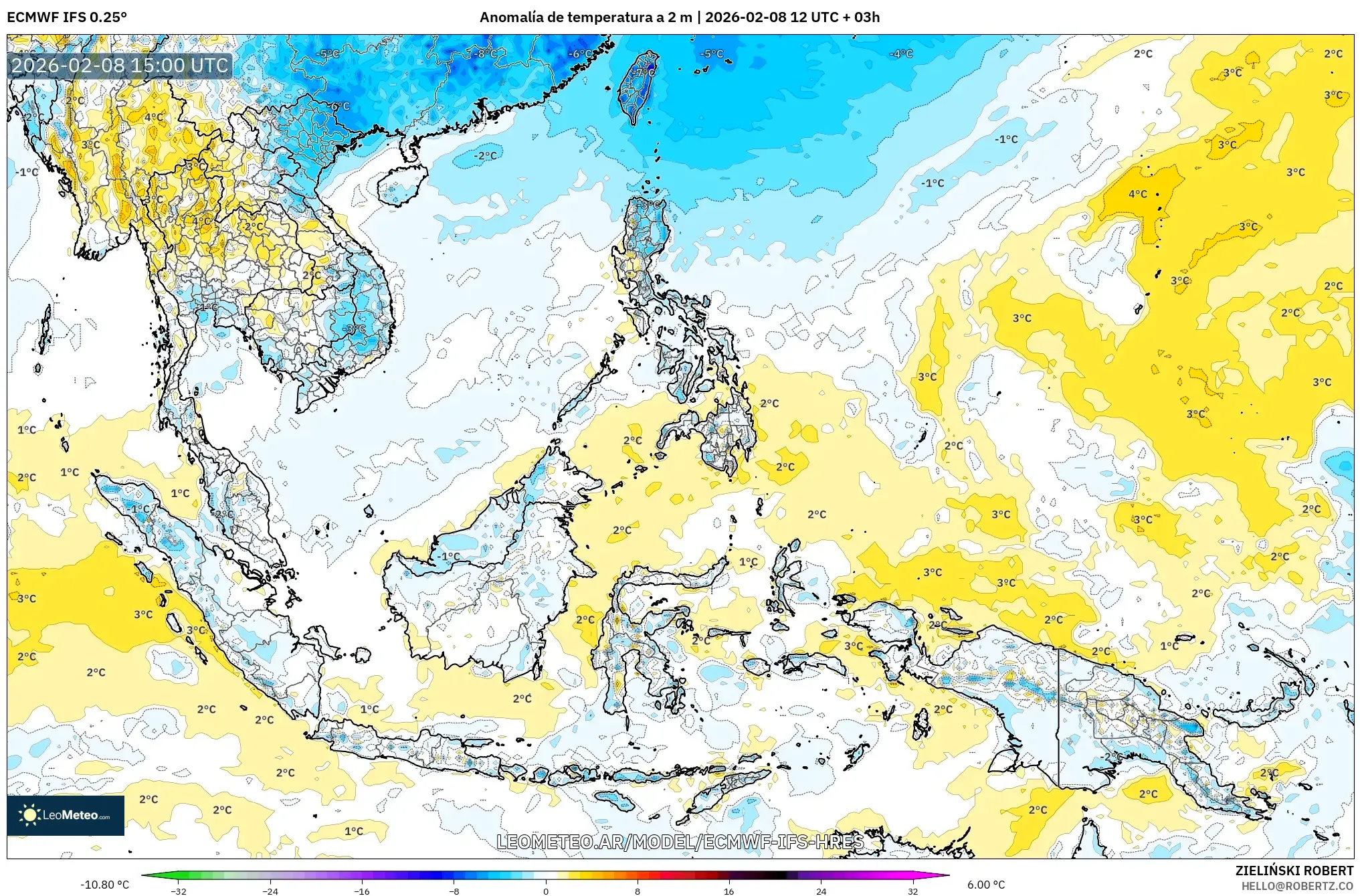 ECMWF IFS 0.25° model - Sudeste Asiático, Anomalía de temperatura a 2 m