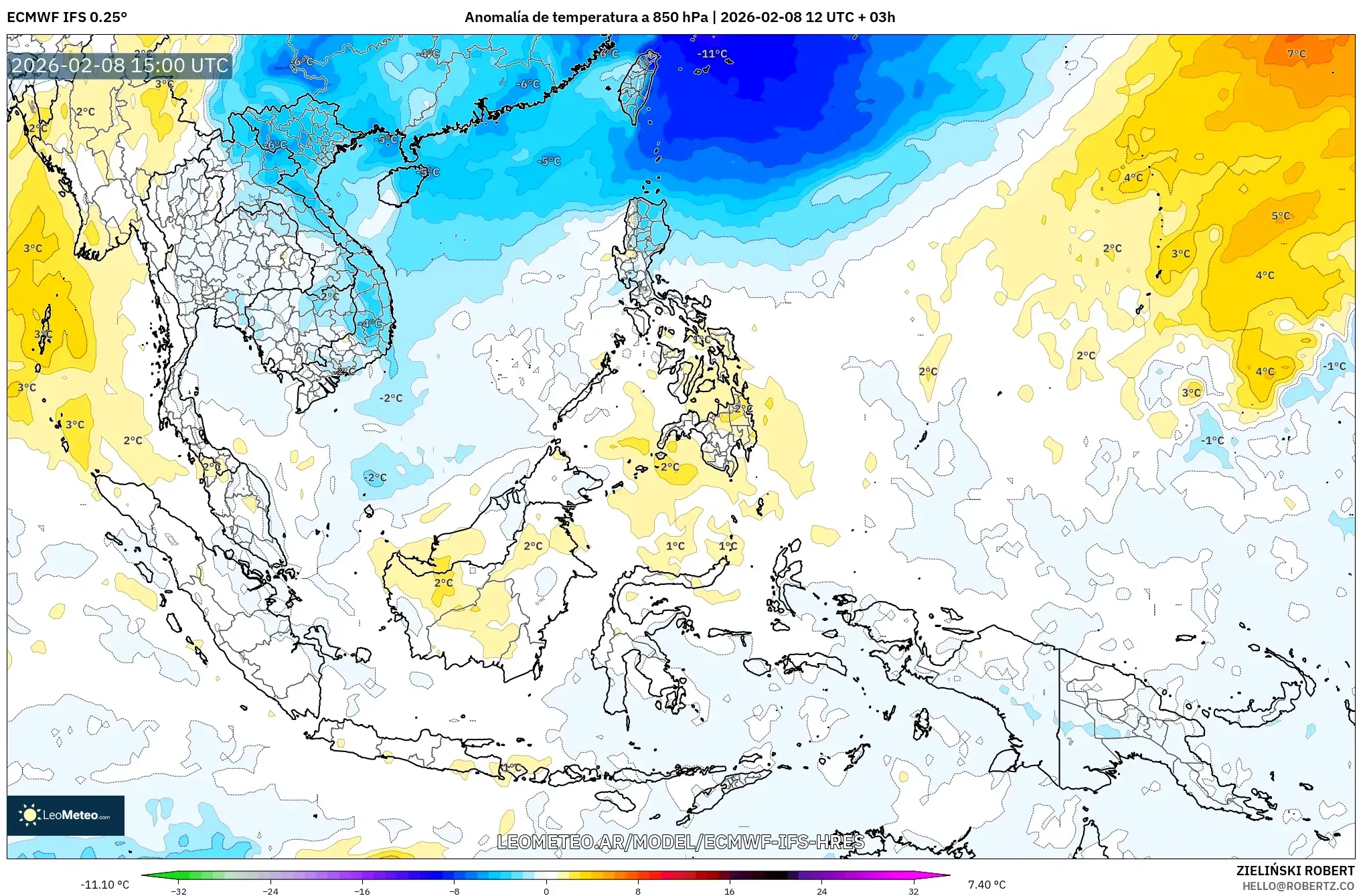 ECMWF IFS 0.25° model - Sudeste Asiático, Anomalía de temperatura a 850 hPa