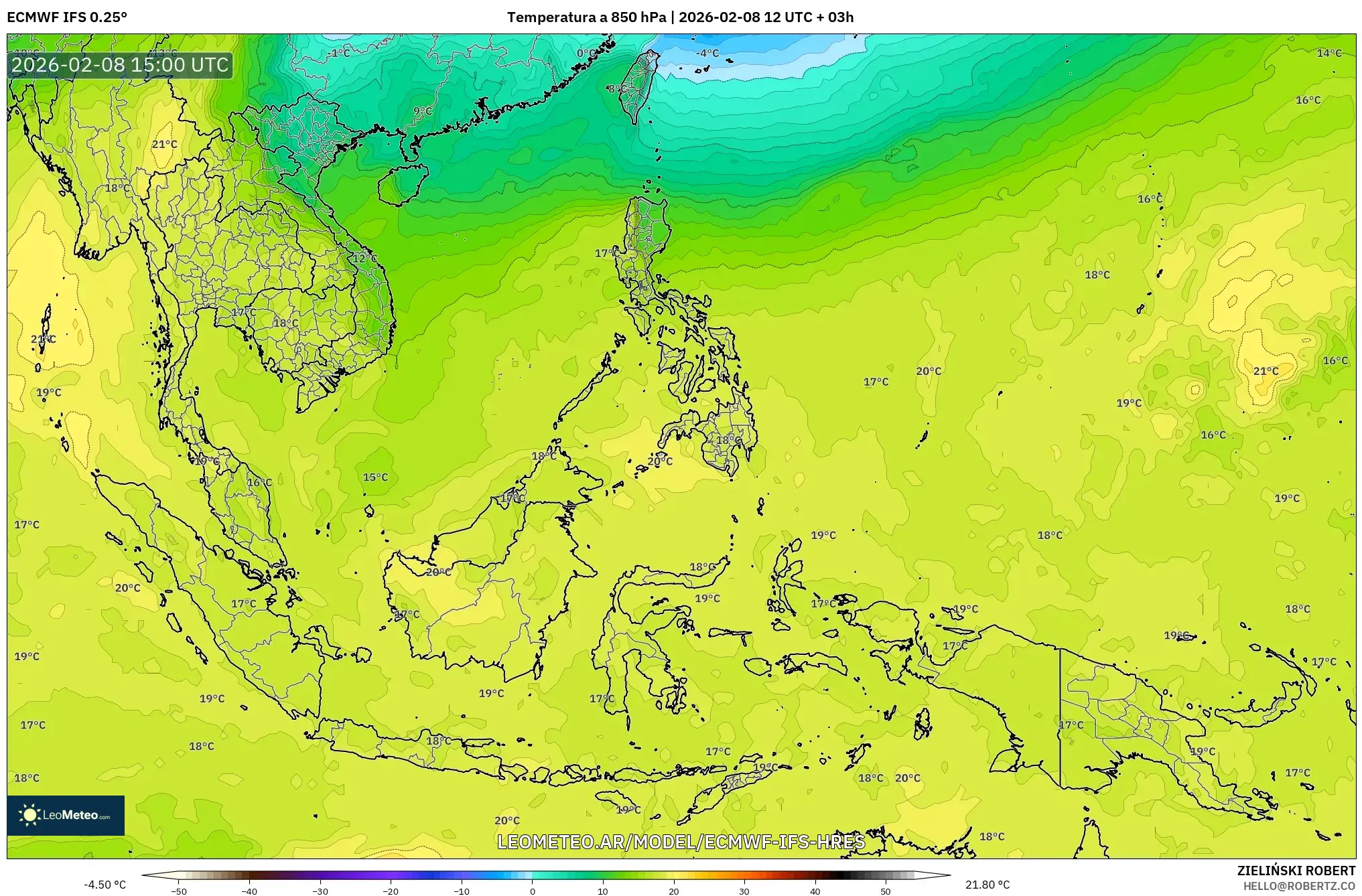 ECMWF IFS 0.25° model - Sudeste Asiático, Temperatura a 850 hPa