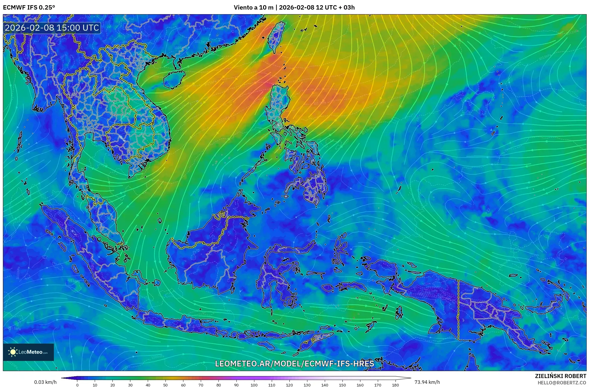 ECMWF IFS 0.25° model - Sudeste Asiático, Viento a 10 m