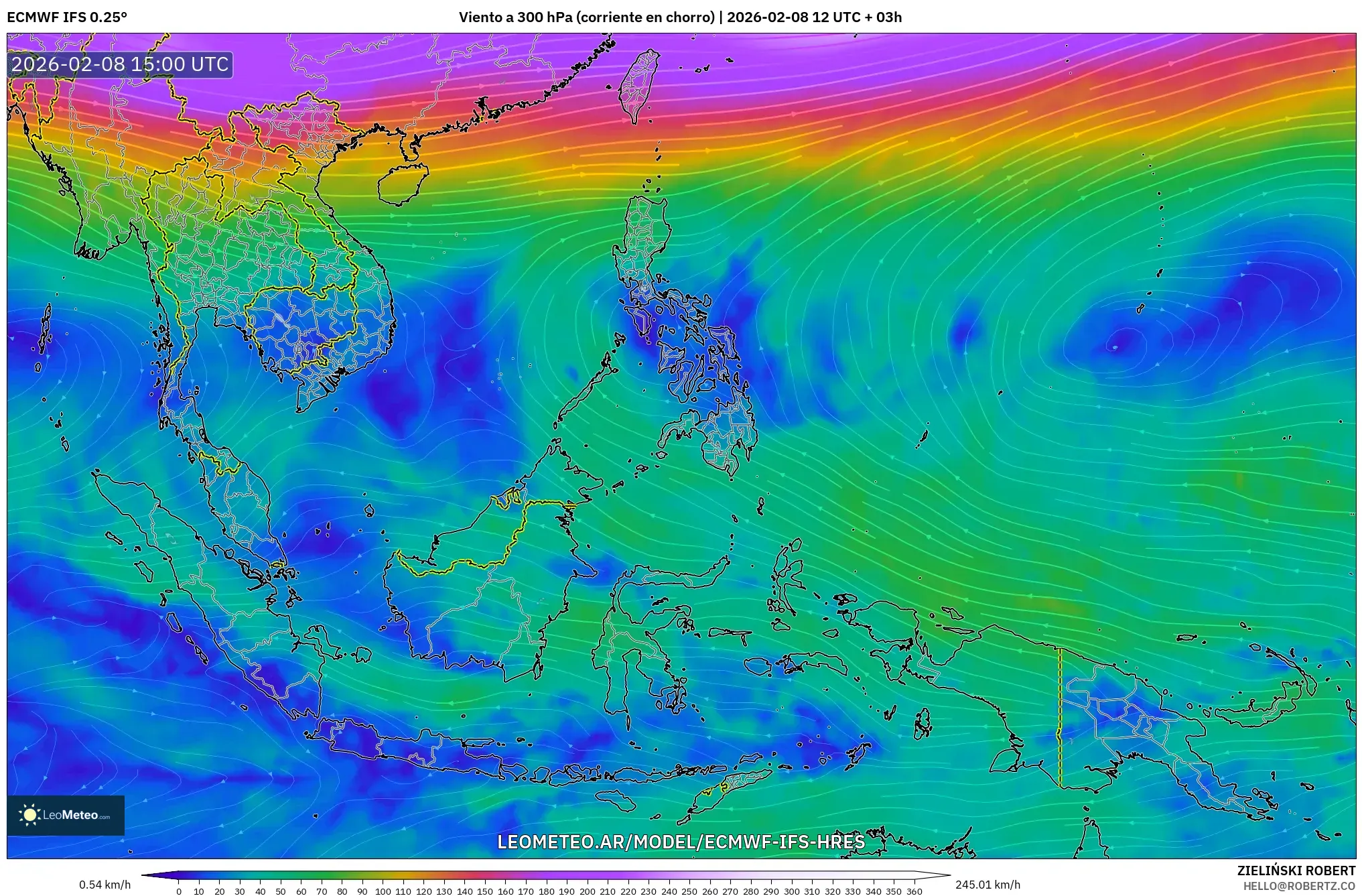 ECMWF IFS 0.25° model - Sudeste Asiático, Viento a 300 hPa (corriente en chorro)