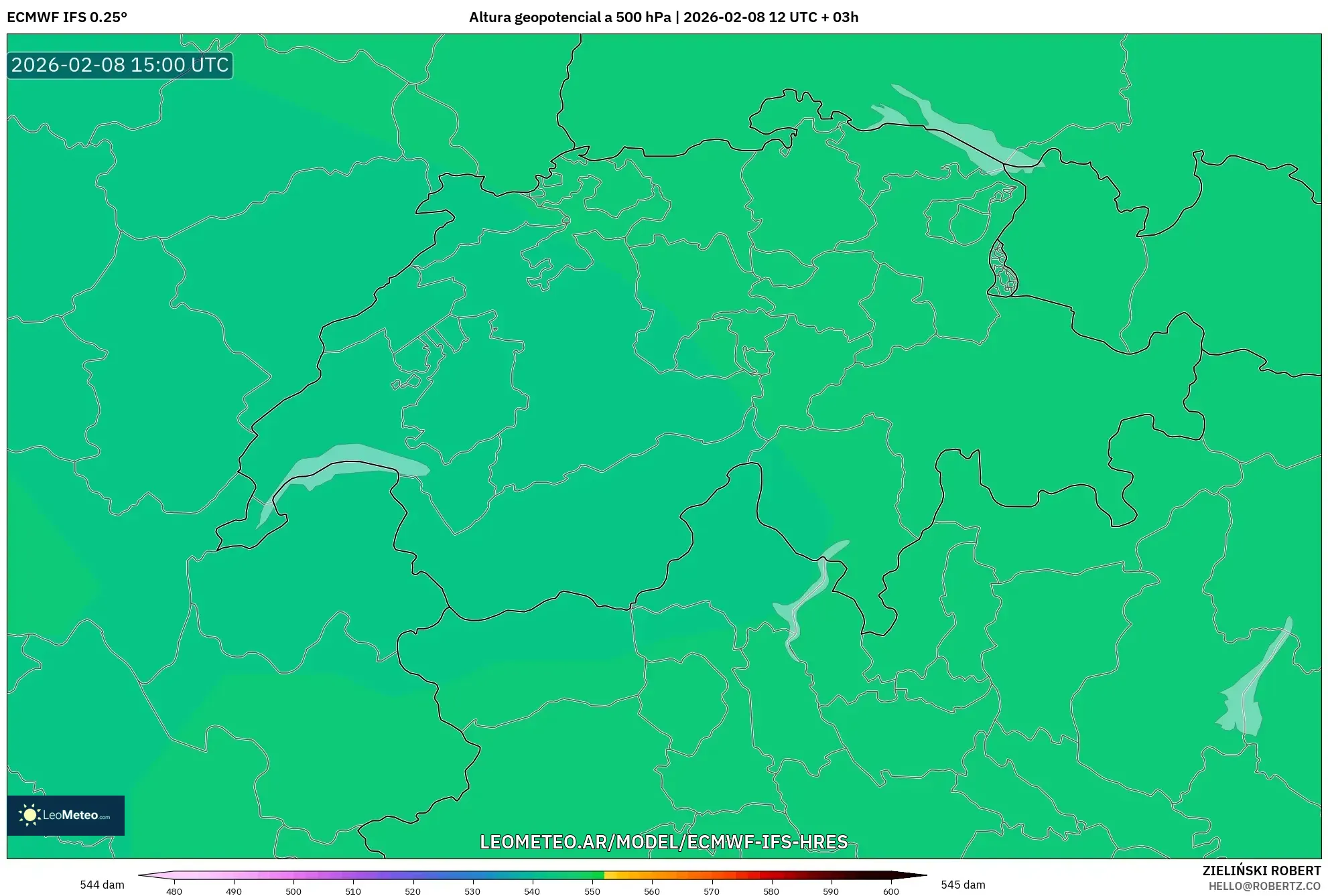 ECMWF IFS 0.25° model - Suiza, Altura geopotencial a 500 hPa
