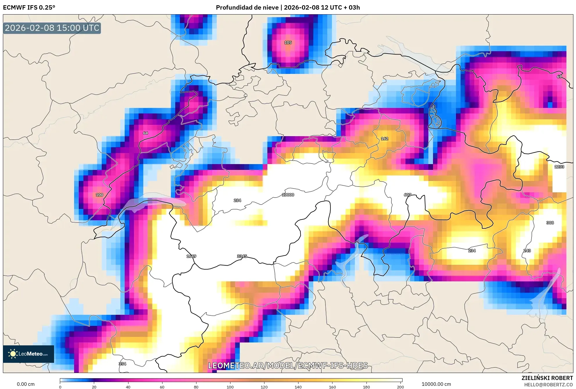 ECMWF IFS 0.25° model - Suiza, Profundidad de nieve