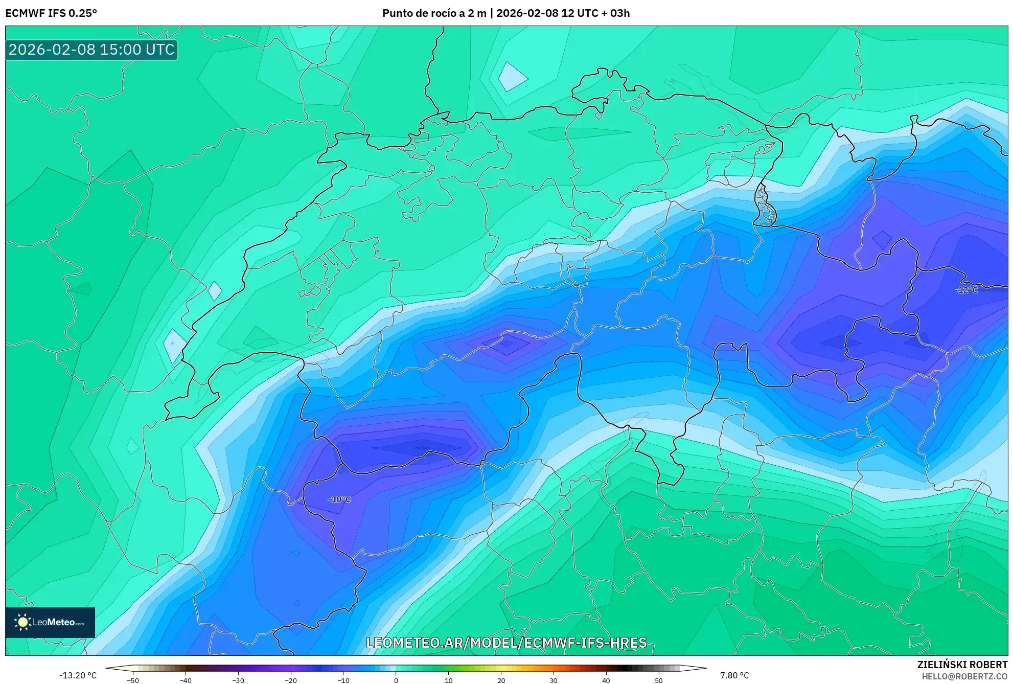 ECMWF IFS 0.25° model - Suiza, Punto de rocío a 2 m