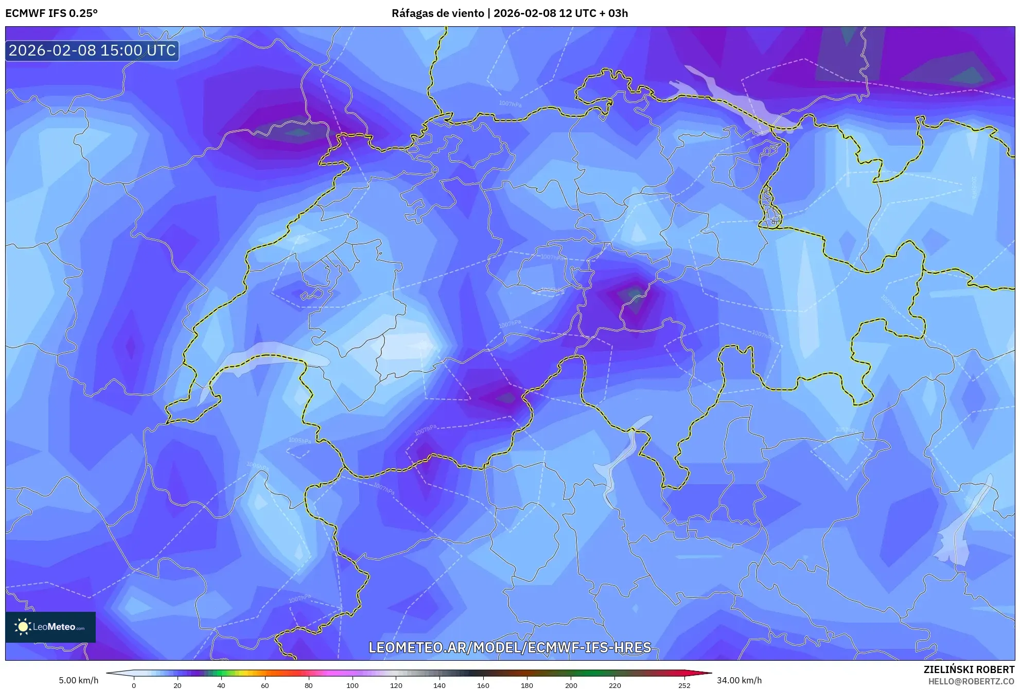 ECMWF IFS 0.25° model - Suiza, Ráfagas de viento