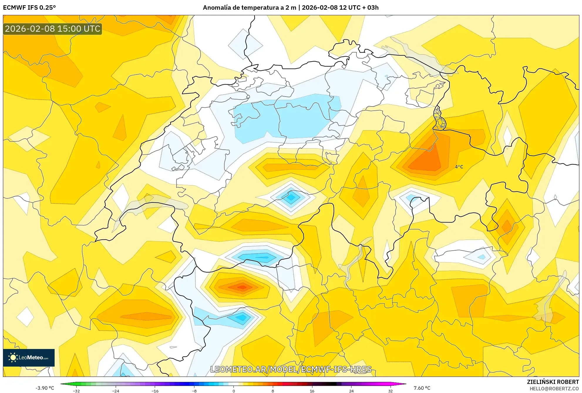 ECMWF IFS 0.25° model - Suiza, Anomalía de temperatura a 2 m