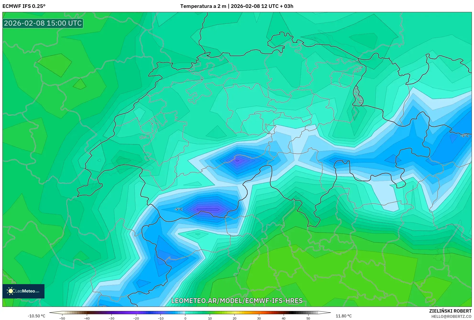 ECMWF IFS 0.25° model - Suiza, Temperatura a 2 m