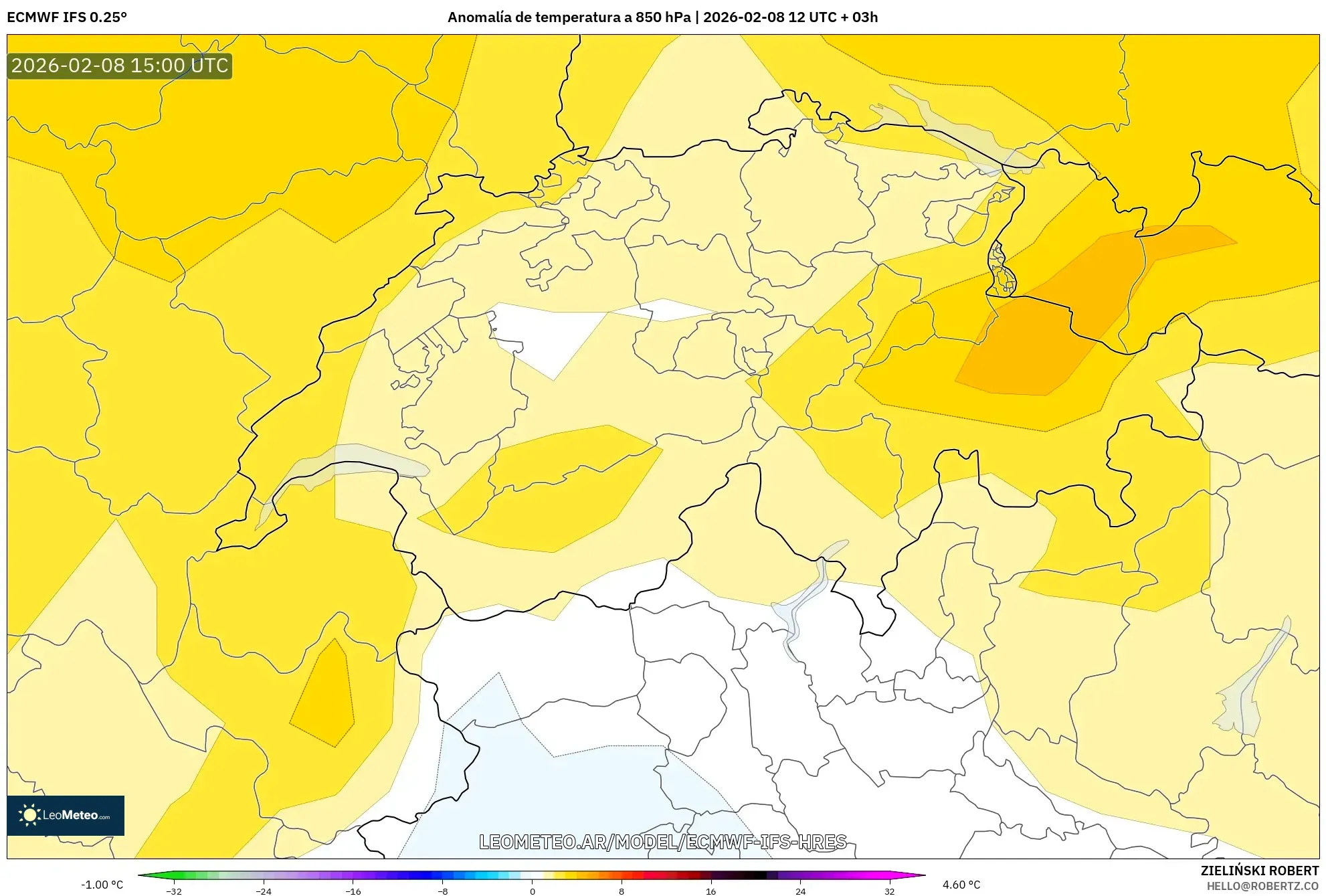 ECMWF IFS 0.25° model - Suiza, Anomalía de temperatura a 850 hPa