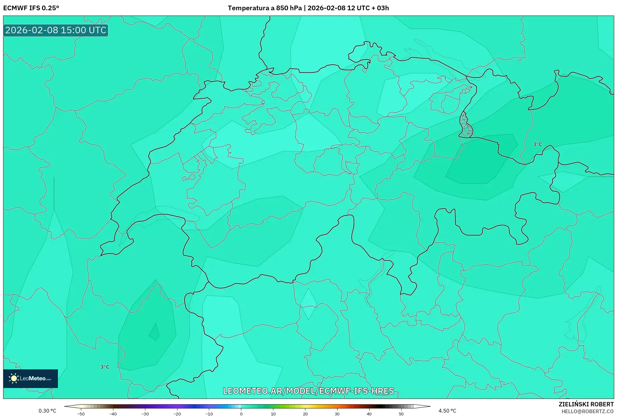 ECMWF IFS 0.25° model - Suiza, Temperatura a 850 hPa