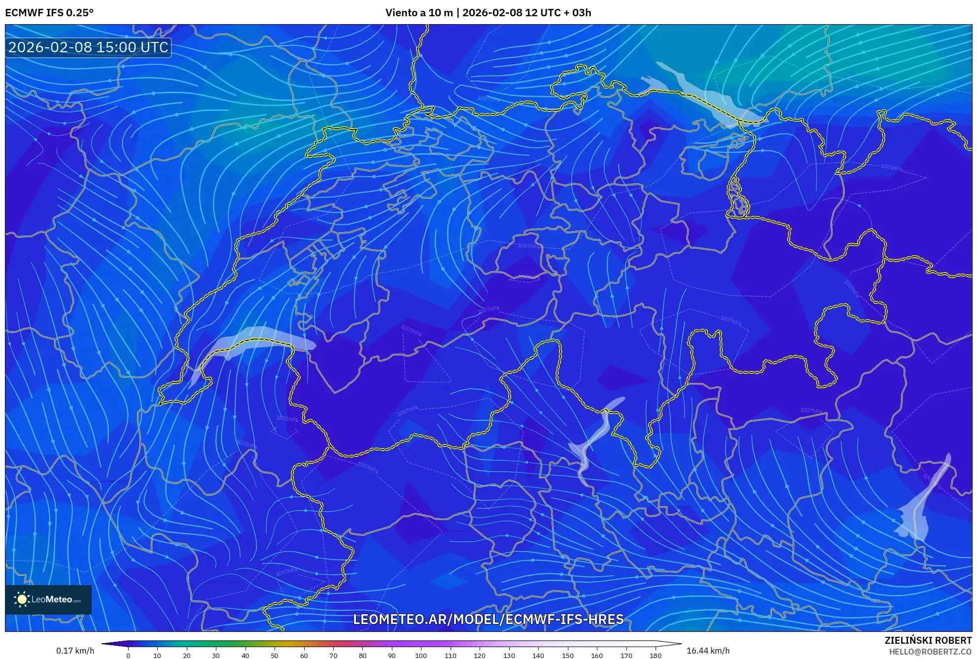 ECMWF IFS 0.25° model - Suiza, Viento a 10 m