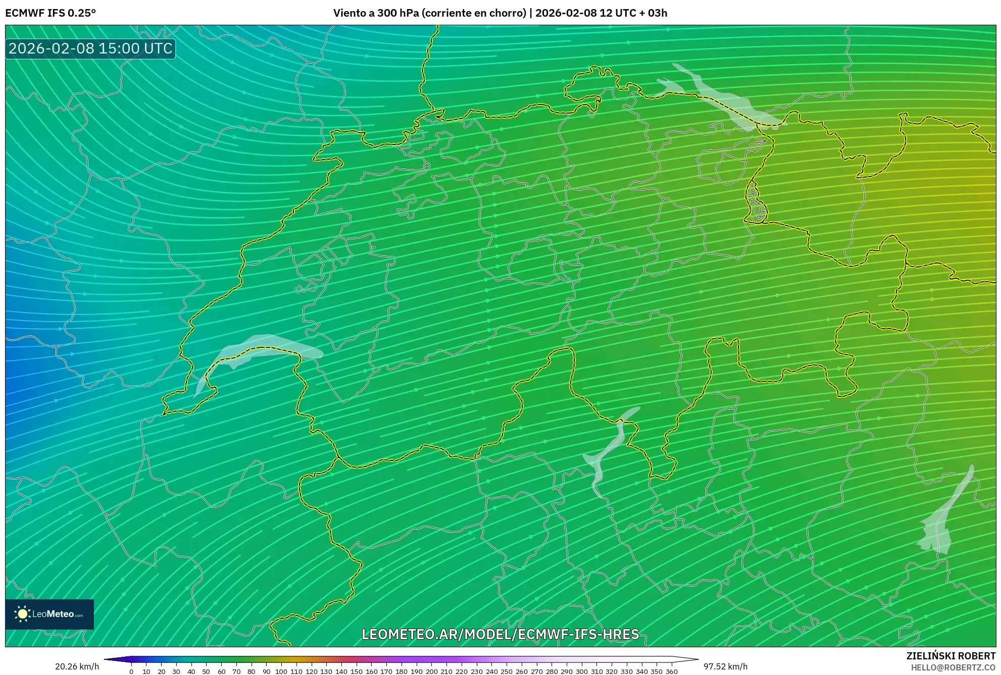 ECMWF IFS 0.25° model - Suiza, Viento a 300 hPa (corriente en chorro)