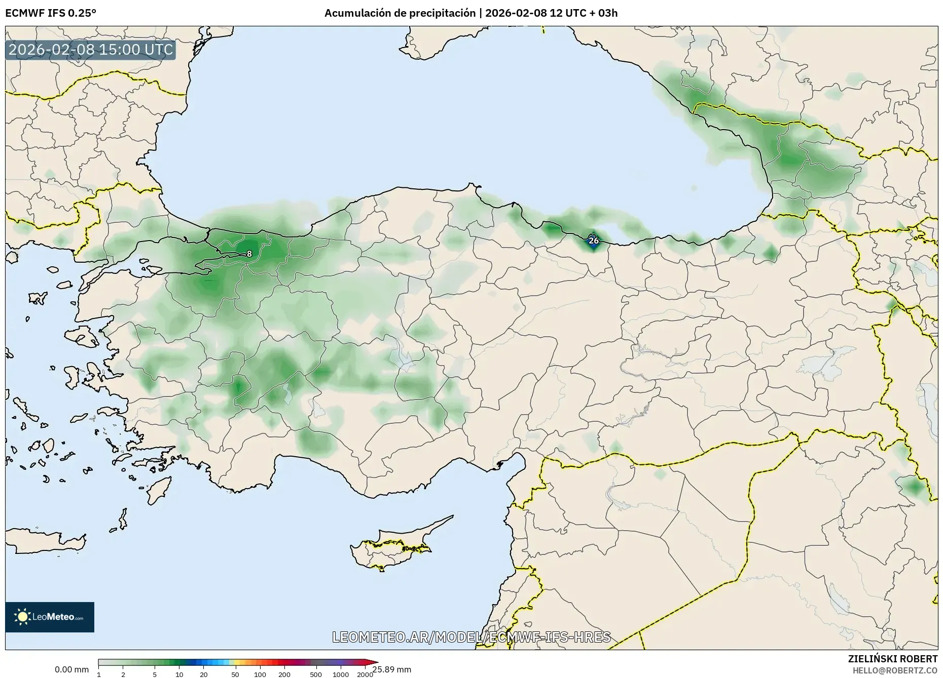 ECMWF IFS 0.25° model - Turquía, Acumulación de precipitación