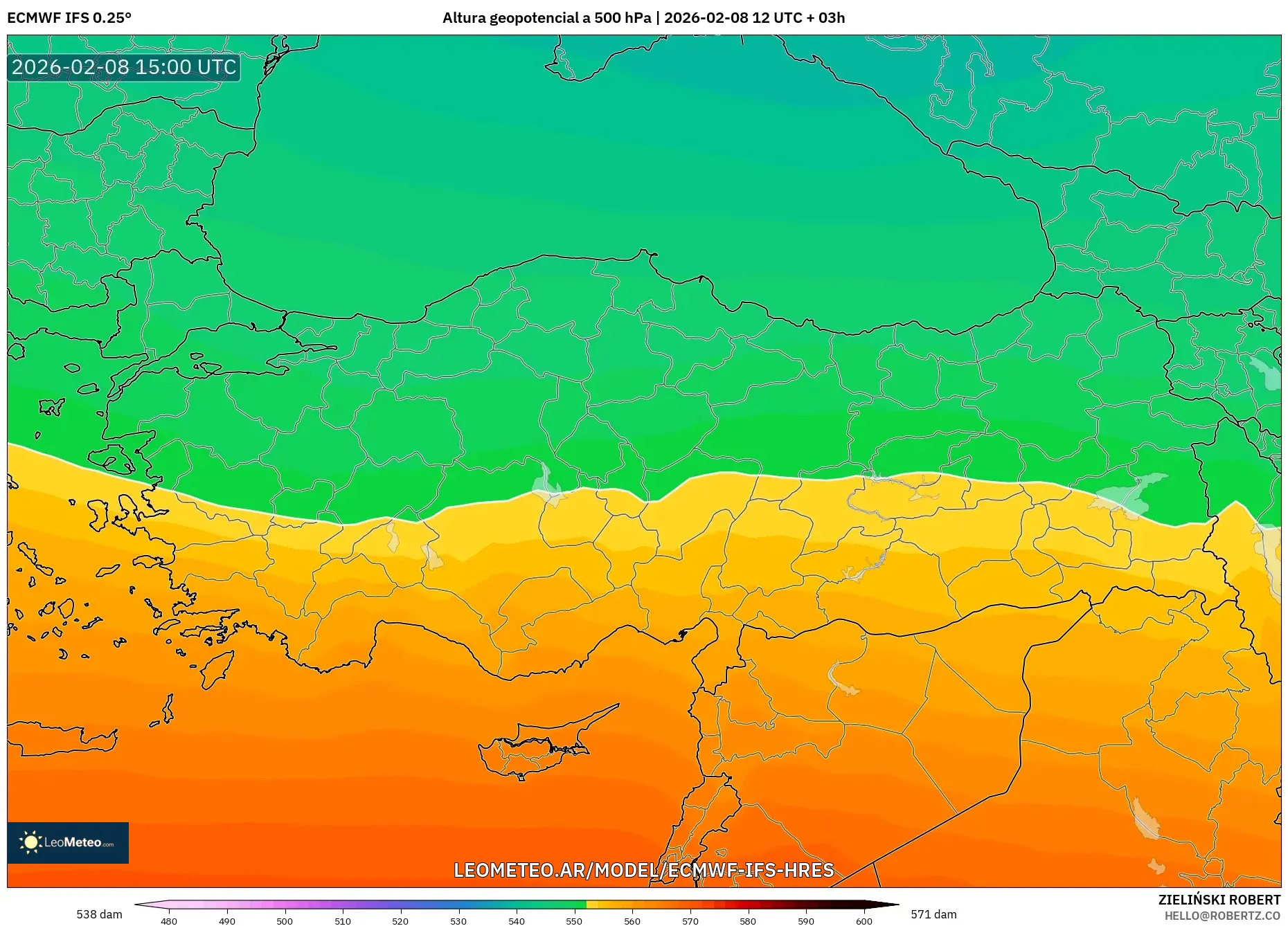 ECMWF IFS 0.25° model - Turquía, Altura geopotencial a 500 hPa