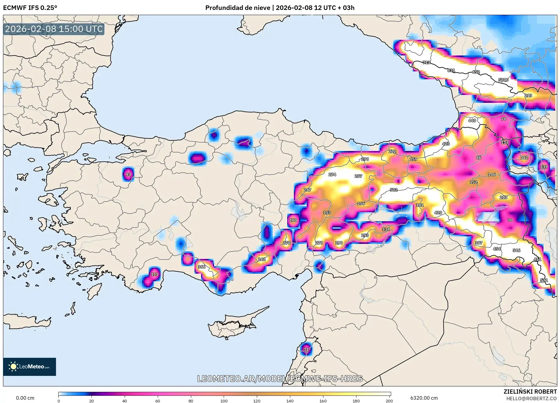 ECMWF IFS 0.25° model - Turquía, Profundidad de nieve