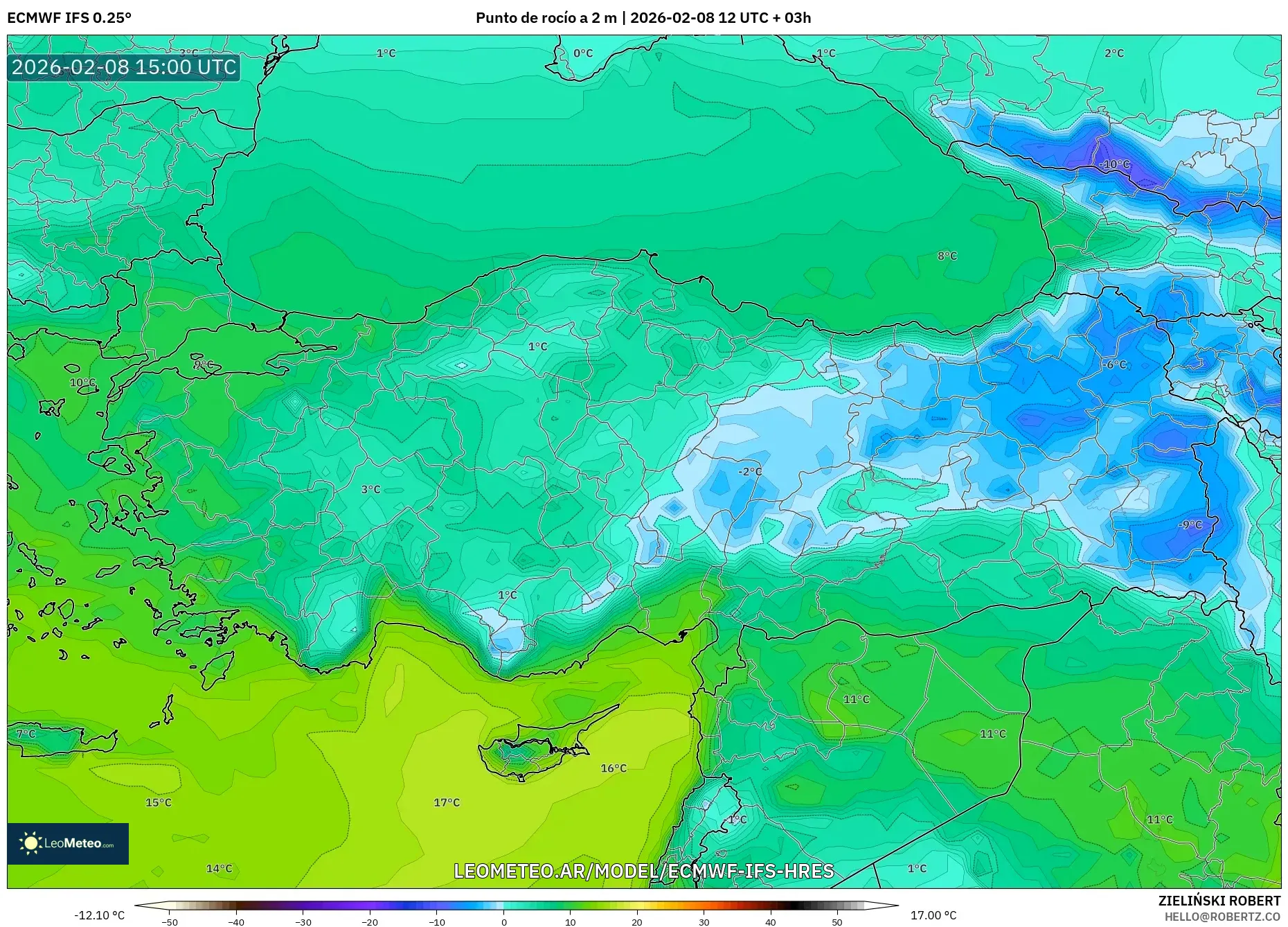 ECMWF IFS 0.25° model - Turquía, Punto de rocío a 2 m