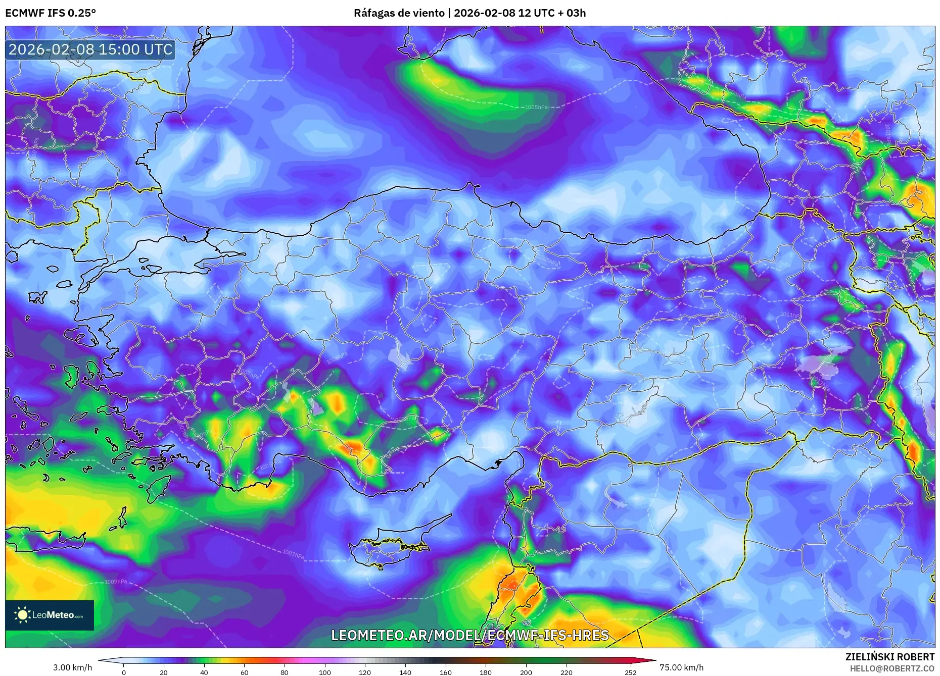 ECMWF IFS 0.25° model - Turquía, Ráfagas de viento