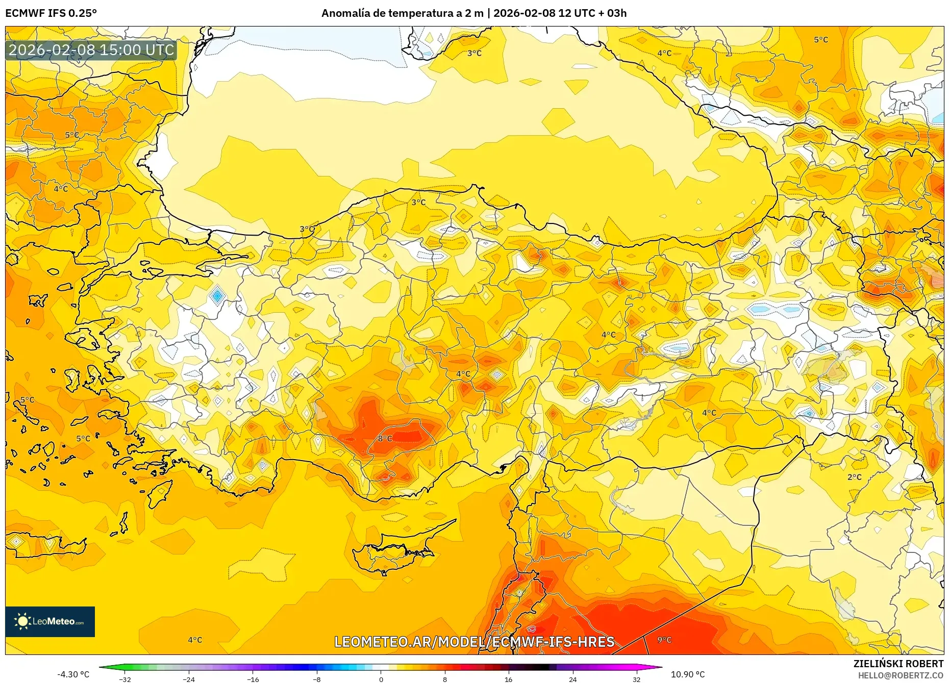 ECMWF IFS 0.25° model - Turquía, Anomalía de temperatura a 2 m