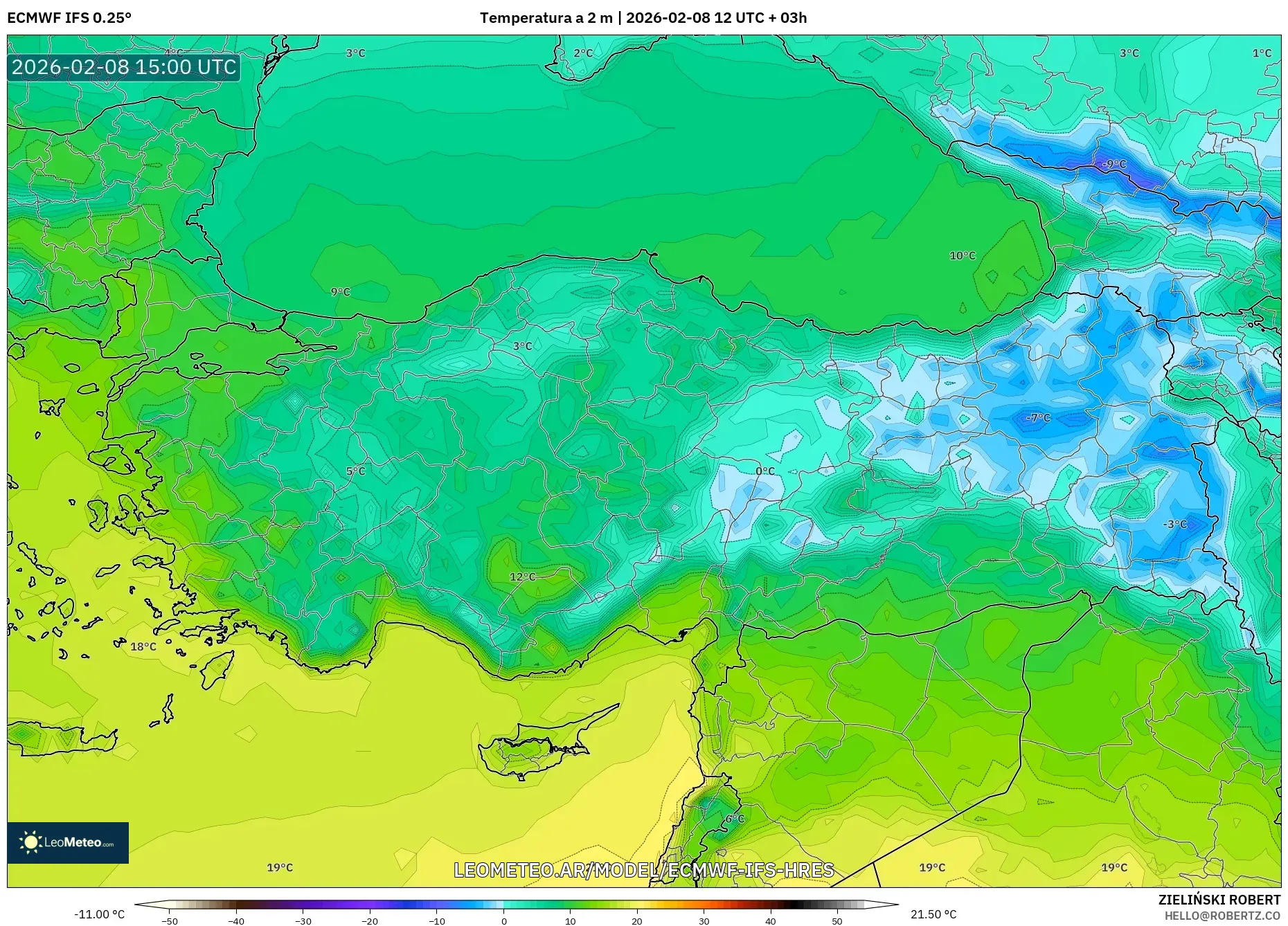 ECMWF IFS 0.25° model - Turquía, Temperatura a 2 m