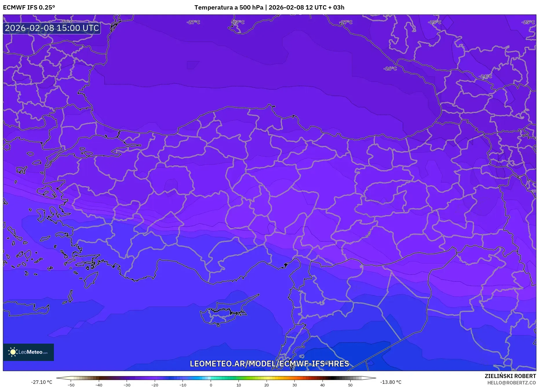 ECMWF IFS 0.25° model - Turquía, Temperatura a 500 hPa