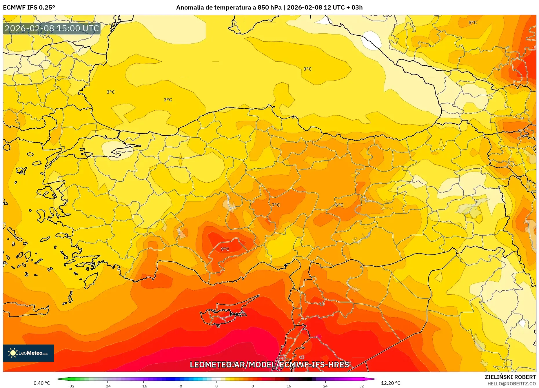 ECMWF IFS 0.25° model - Turquía, Anomalía de temperatura a 850 hPa